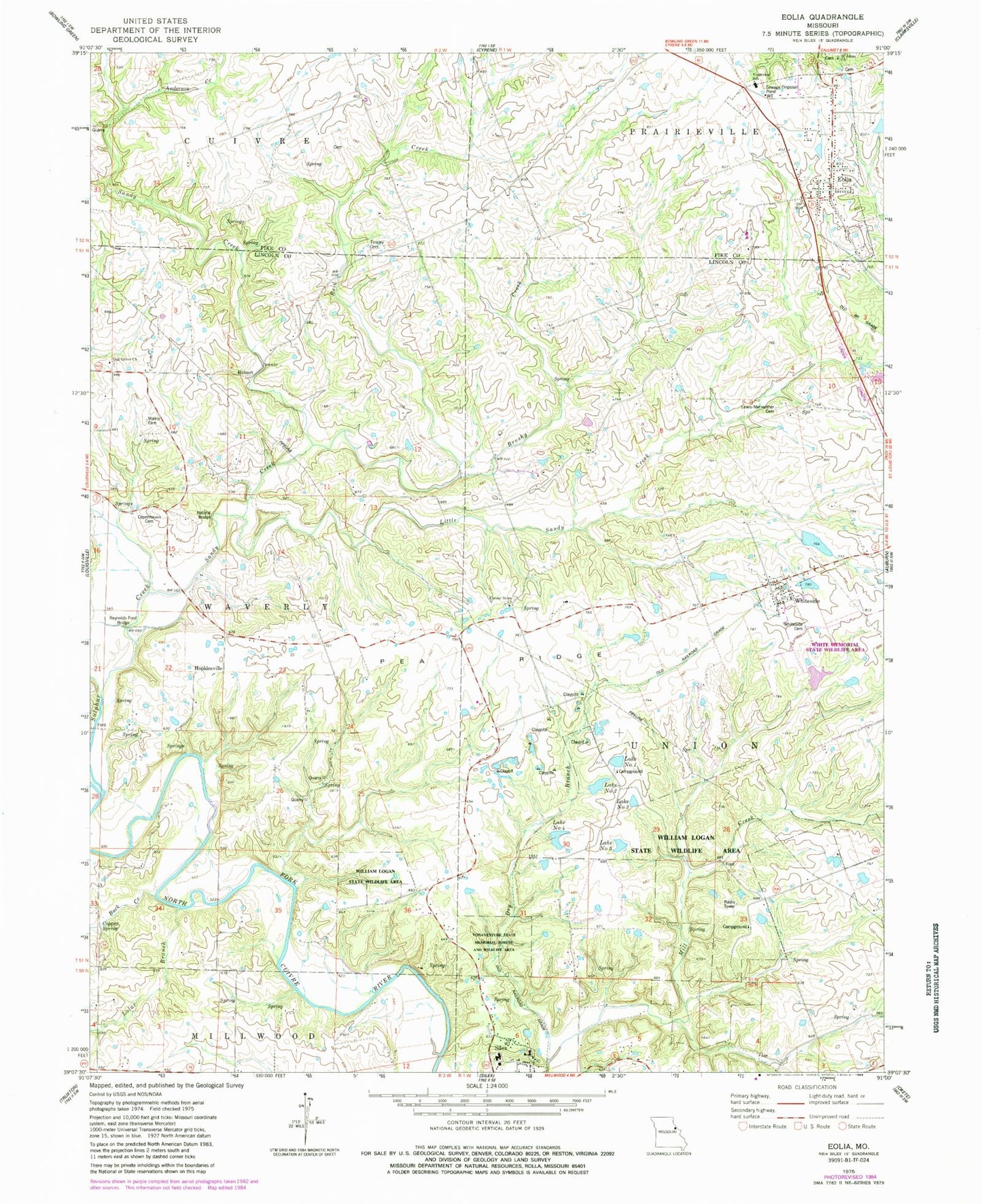 Classic USGS Eolia Missouri 7.5'x7.5' Topo Map Image