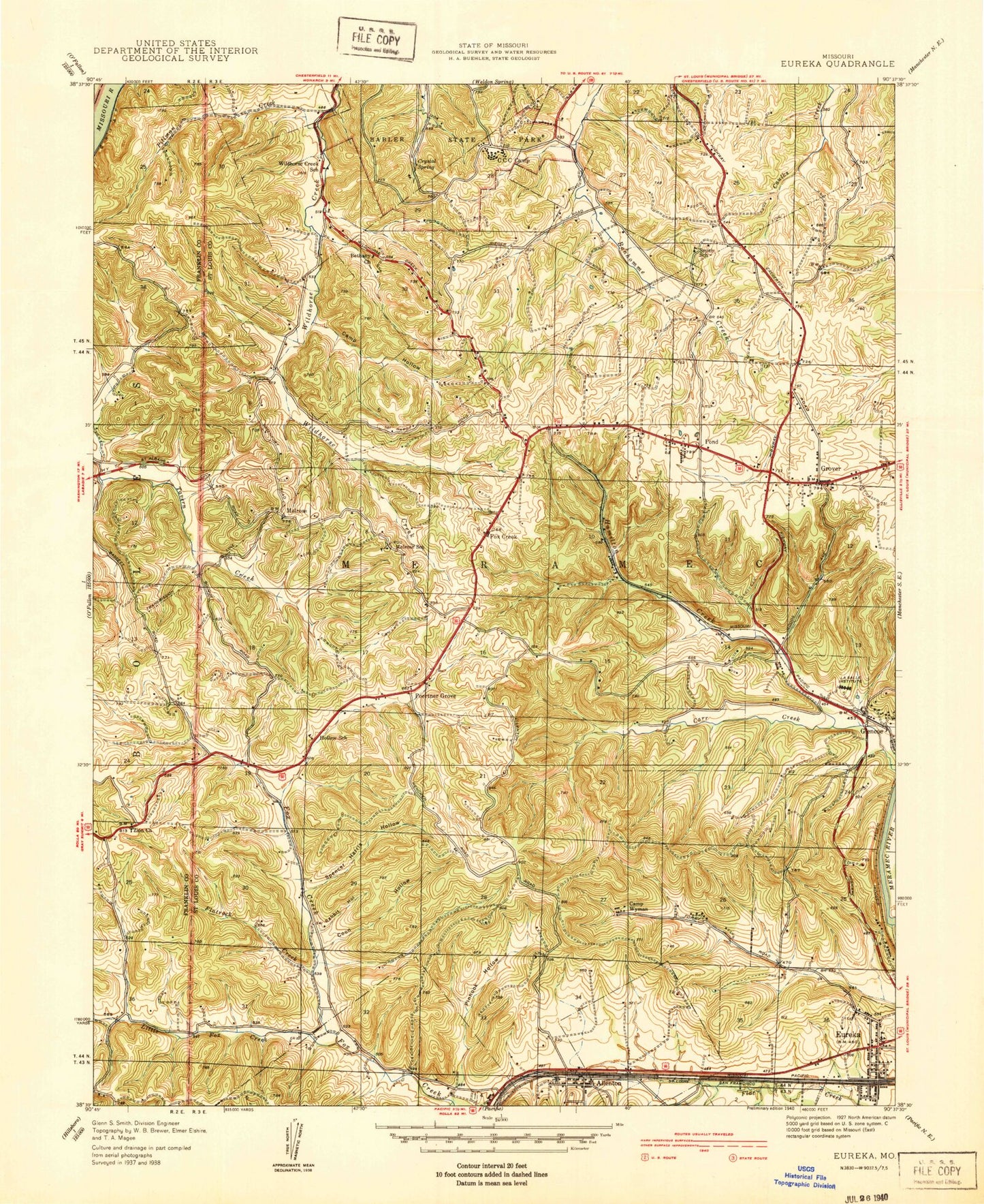 Classic USGS Eureka Missouri 7.5'x7.5' Topo Map Image
