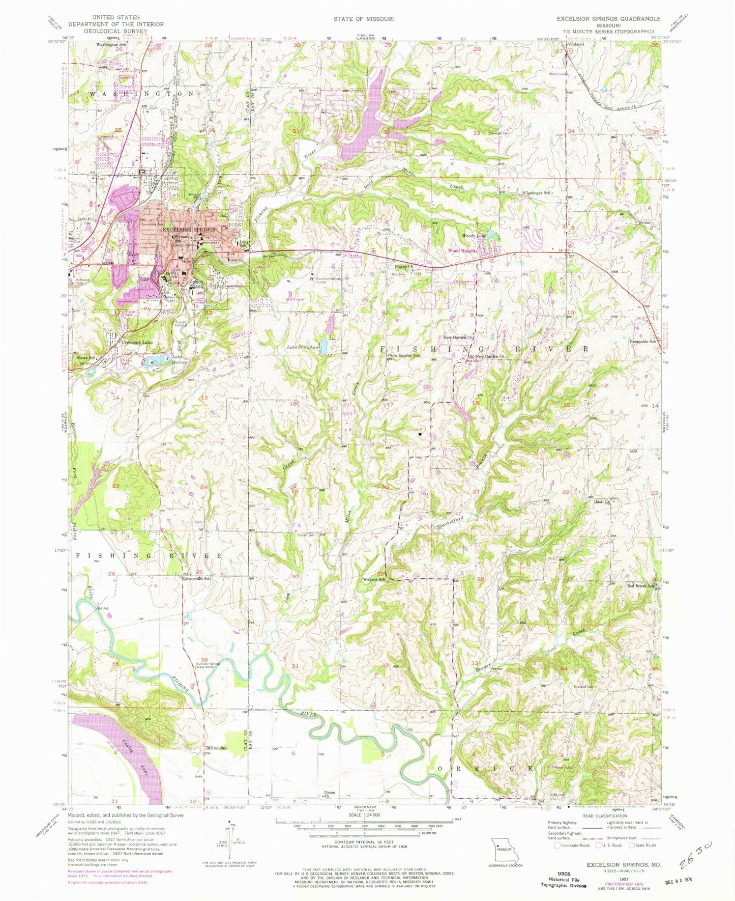 Classic USGS Excelsior Springs Missouri 7.5'x7.5' Topo Map Image