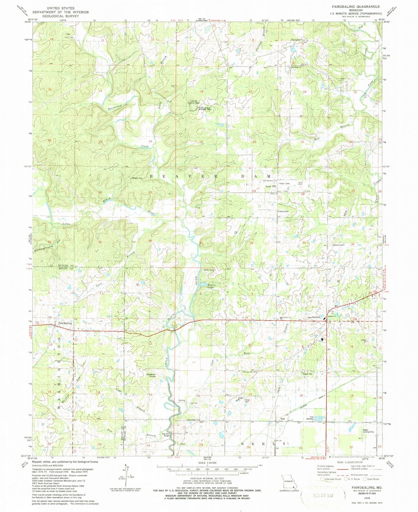 Classic USGS Fairdealing Missouri 7.5'x7.5' Topo Map Image