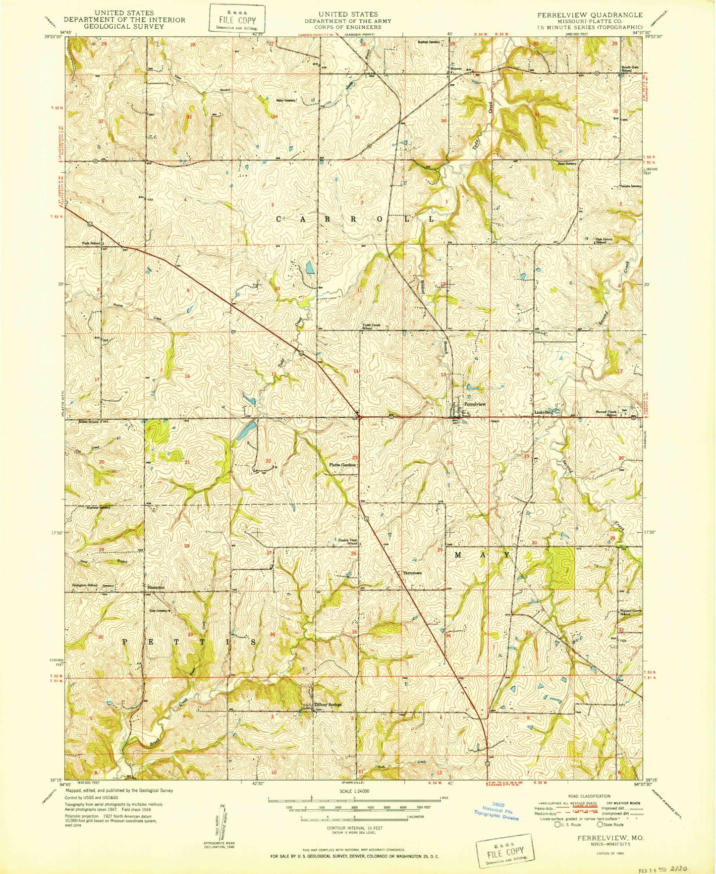 Classic USGS Ferrelview Missouri 7.5'x7.5' Topo Map Image