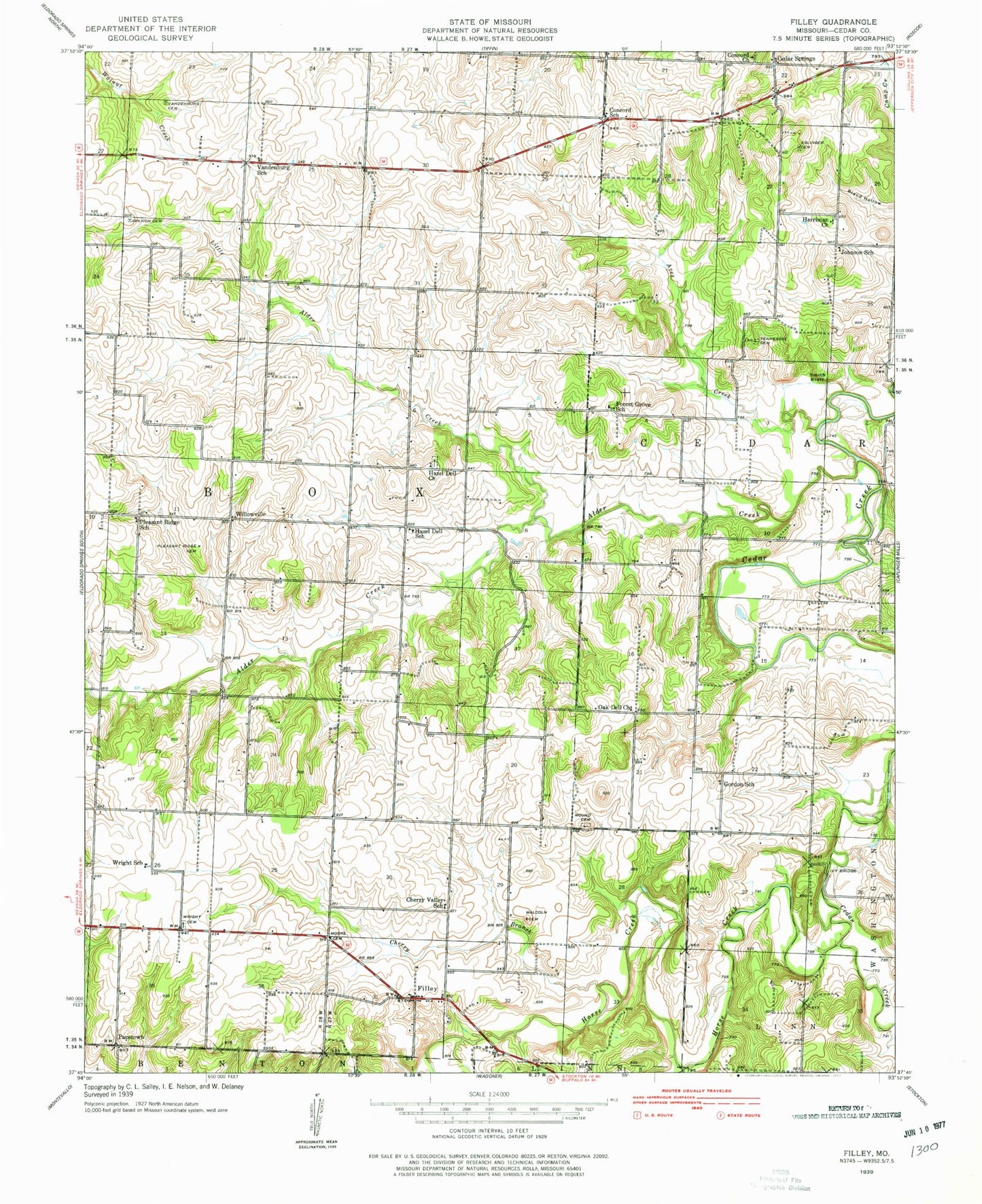 Classic USGS Filley Missouri 7.5'x7.5' Topo Map Image