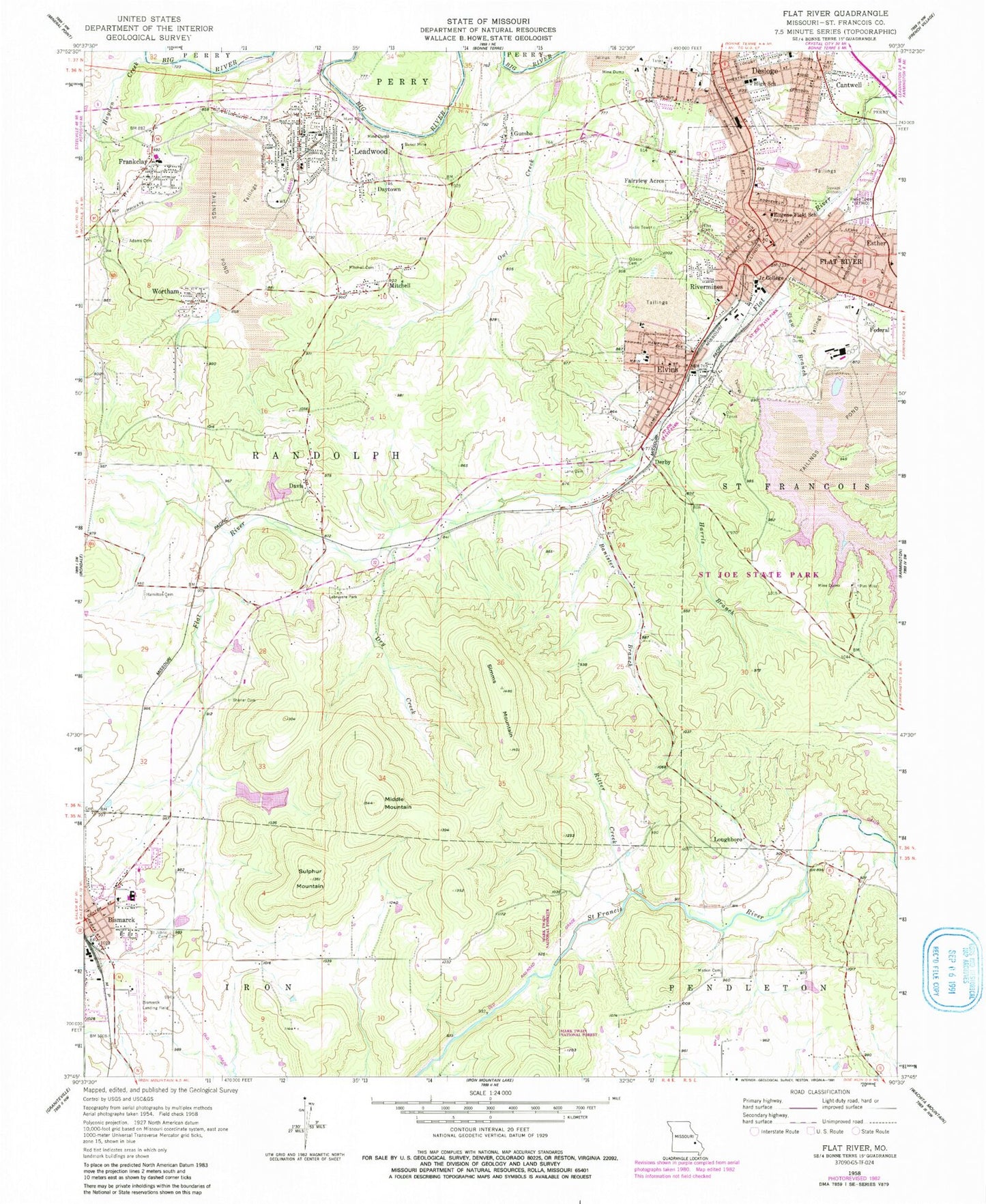 Classic USGS Flat River Missouri 7.5'x7.5' Topo Map Image