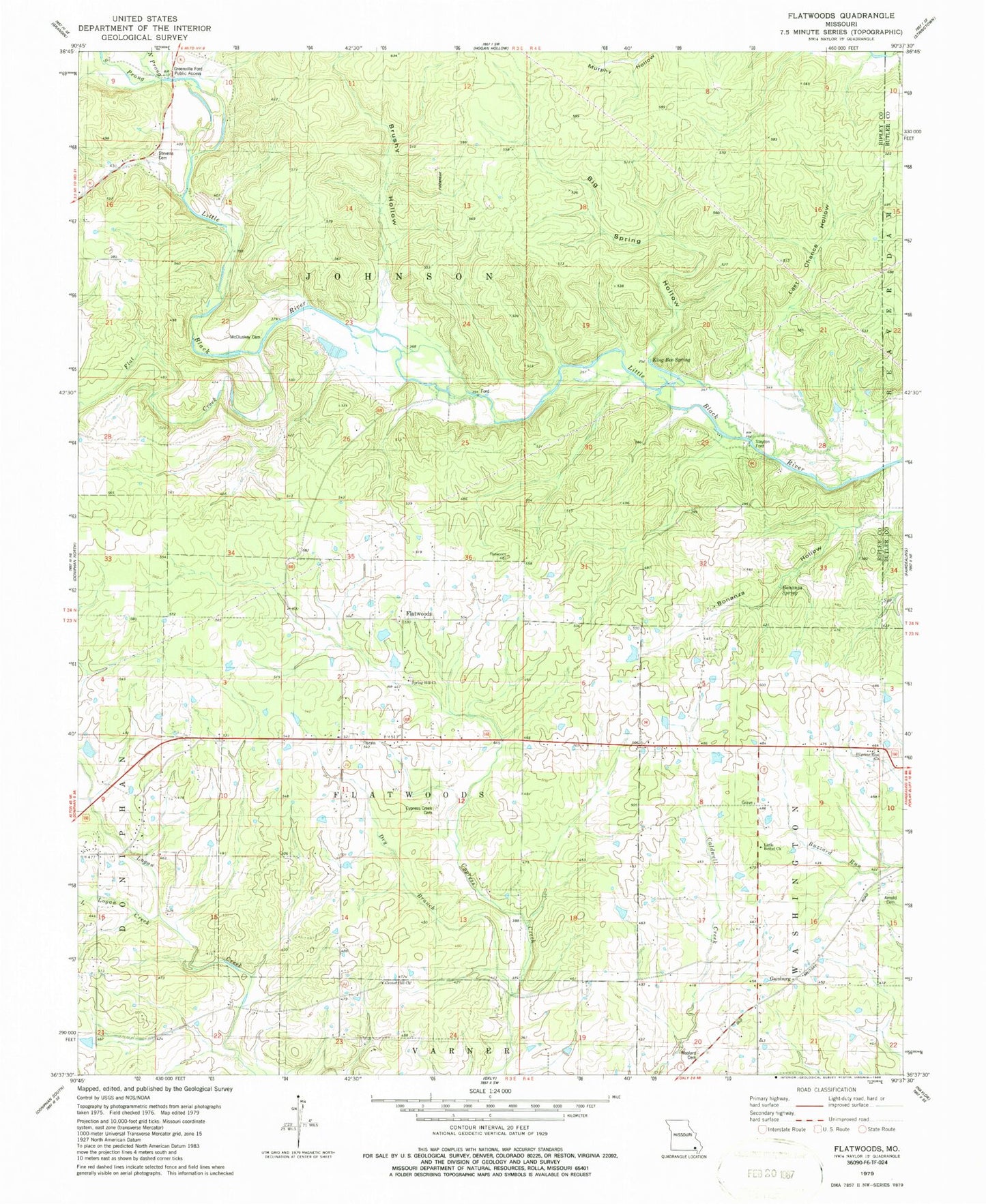 Classic USGS Flatwoods Missouri 7.5'x7.5' Topo Map Image