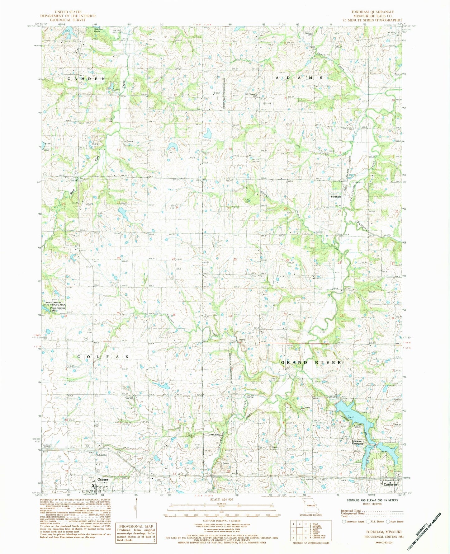 Classic USGS Fordham Missouri 7.5'x7.5' Topo Map Image