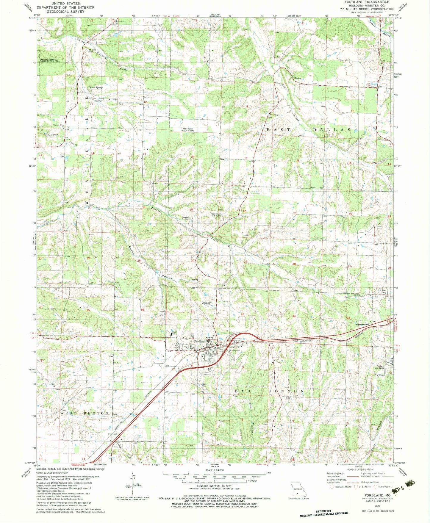 Classic USGS Fordland Missouri 7.5'x7.5' Topo Map Image