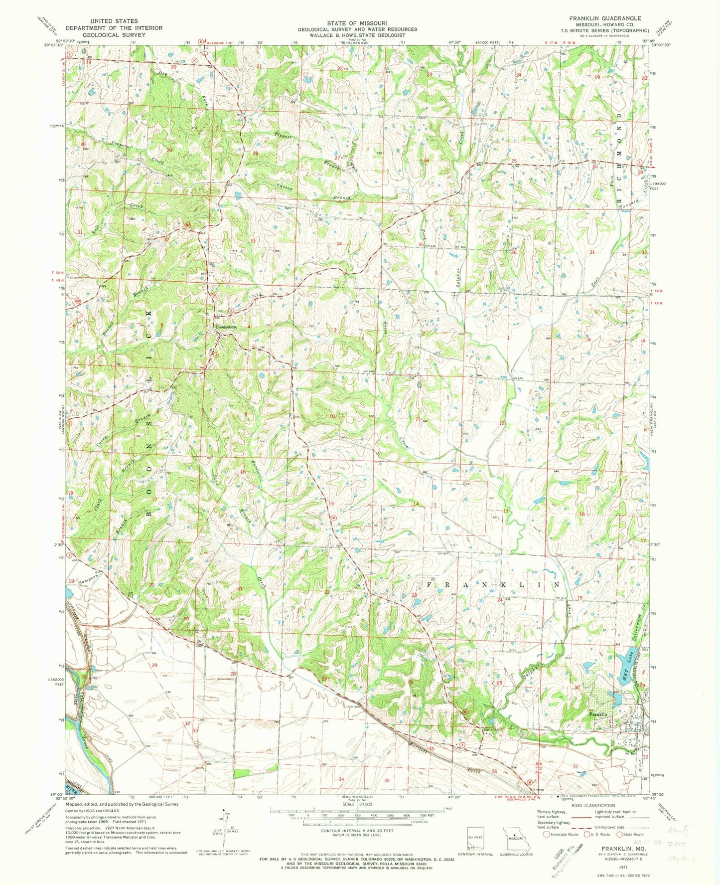 Classic USGS Franklin Missouri 7.5'x7.5' Topo Map Image