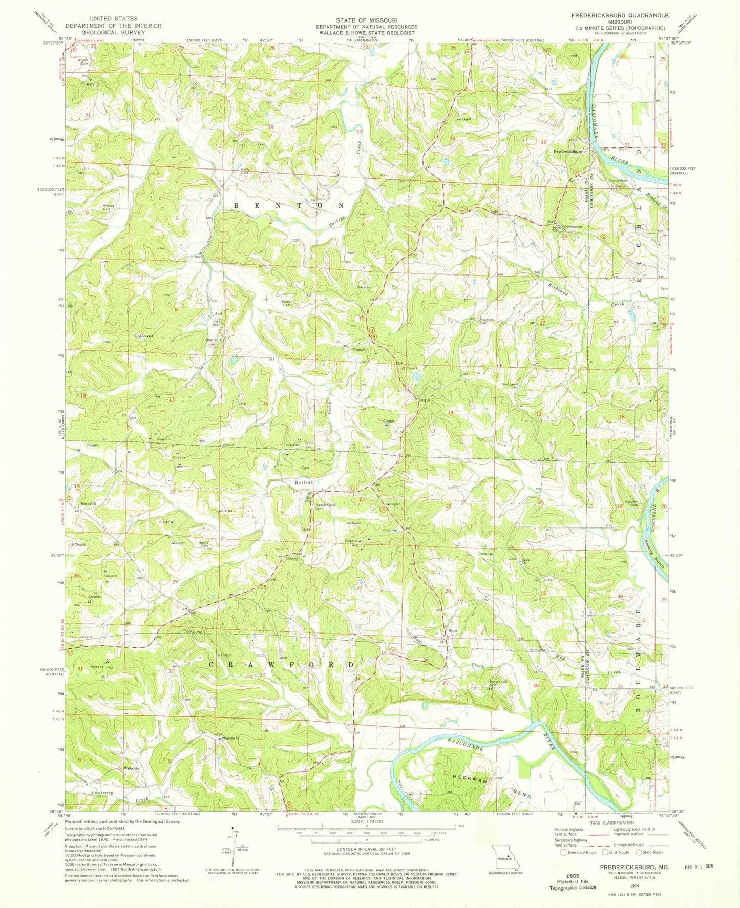 Classic USGS Fredericksburg Missouri 7.5'x7.5' Topo Map Image