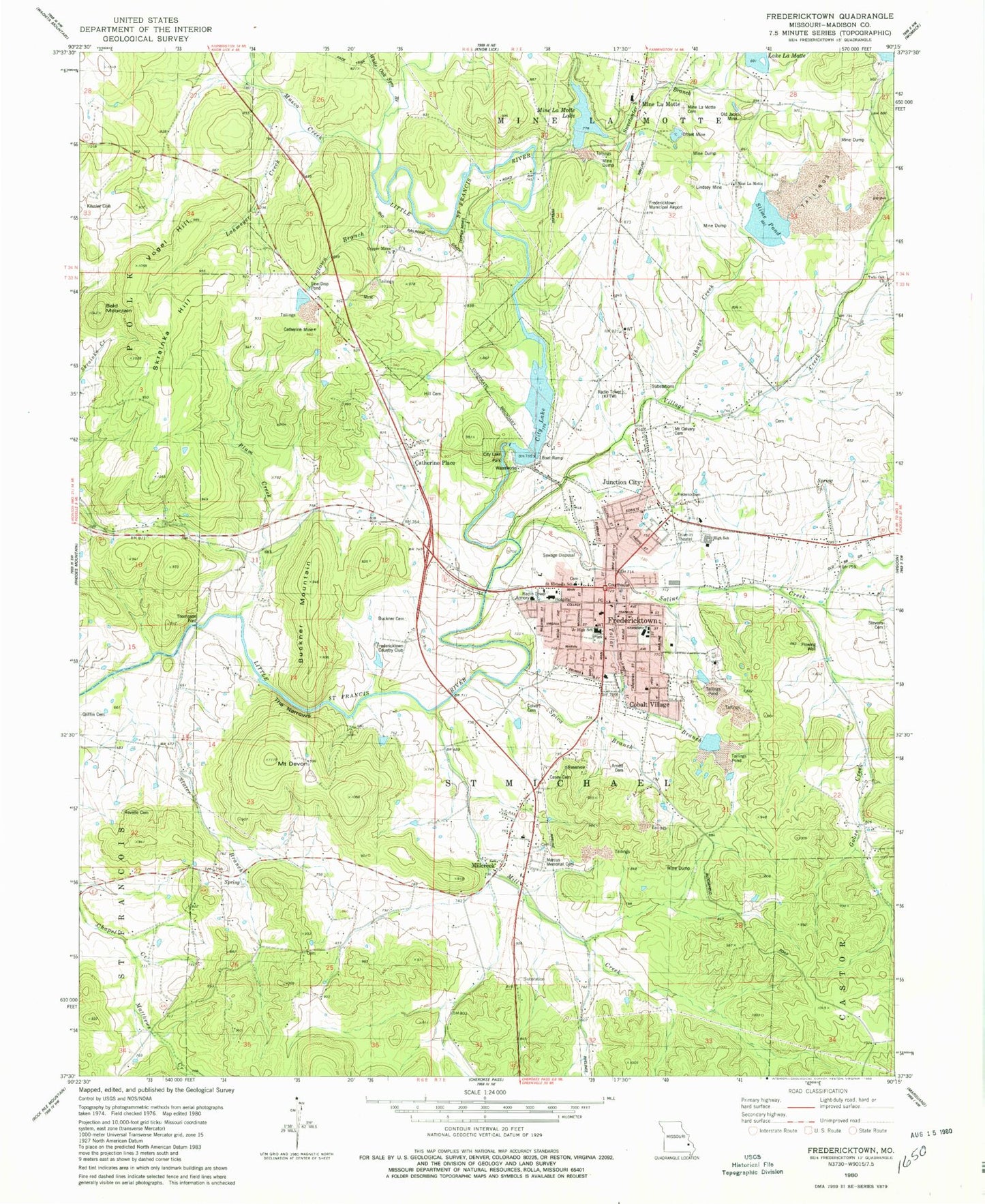 Classic USGS Fredericktown Missouri 7.5'x7.5' Topo Map Image