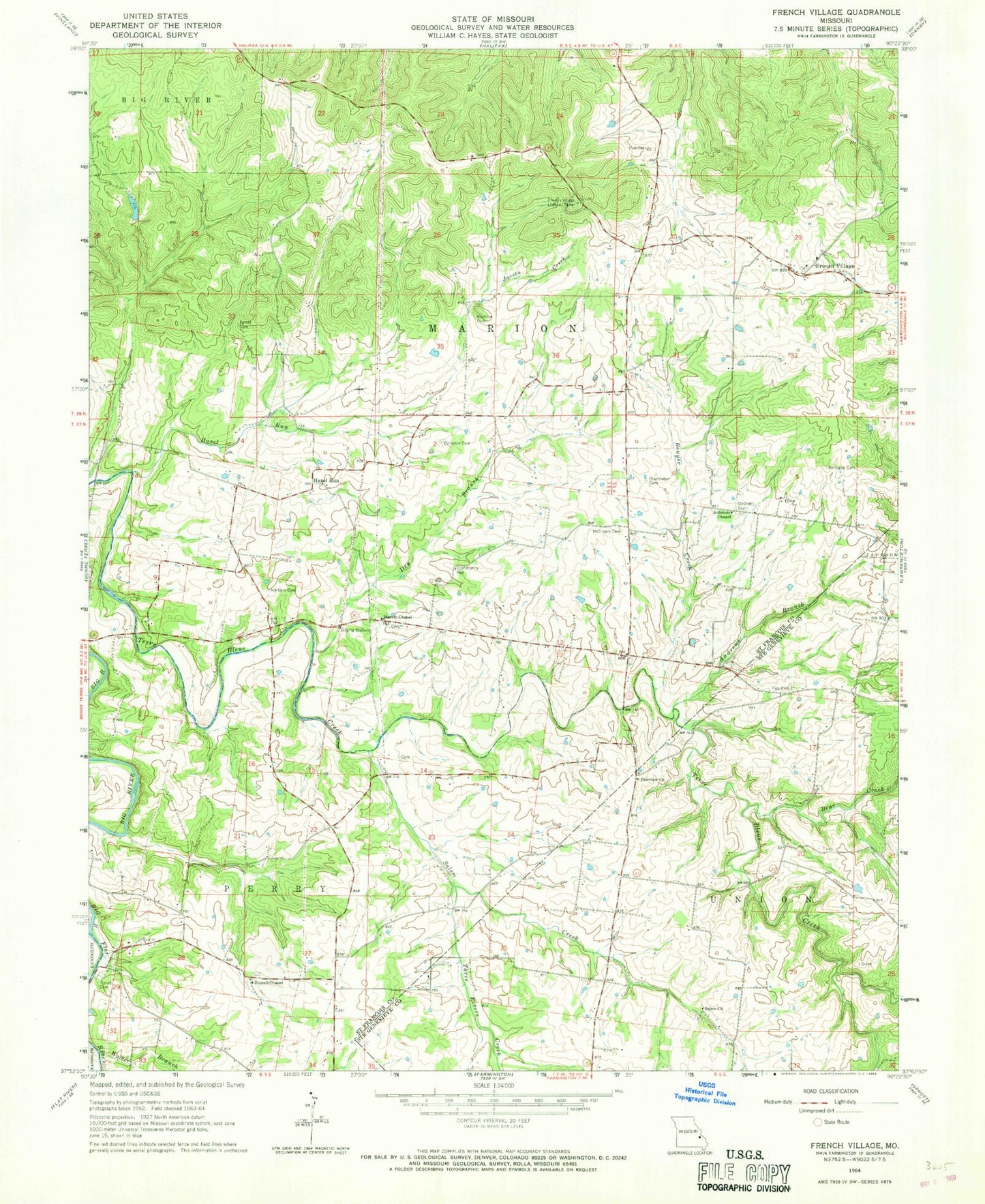 Classic USGS French Village Missouri 7.5'x7.5' Topo Map Image