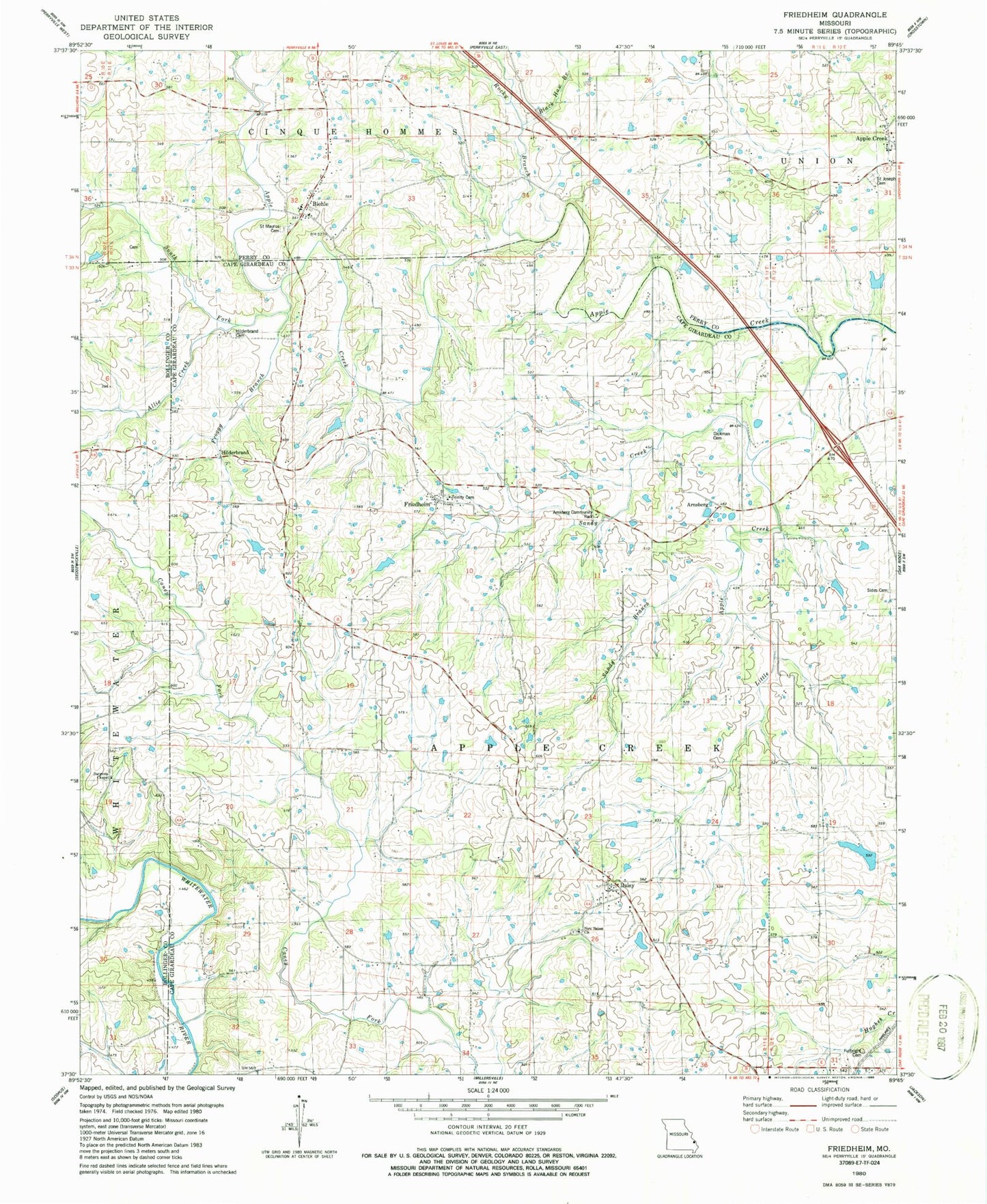 Classic USGS Friedheim Missouri 7.5'x7.5' Topo Map Image