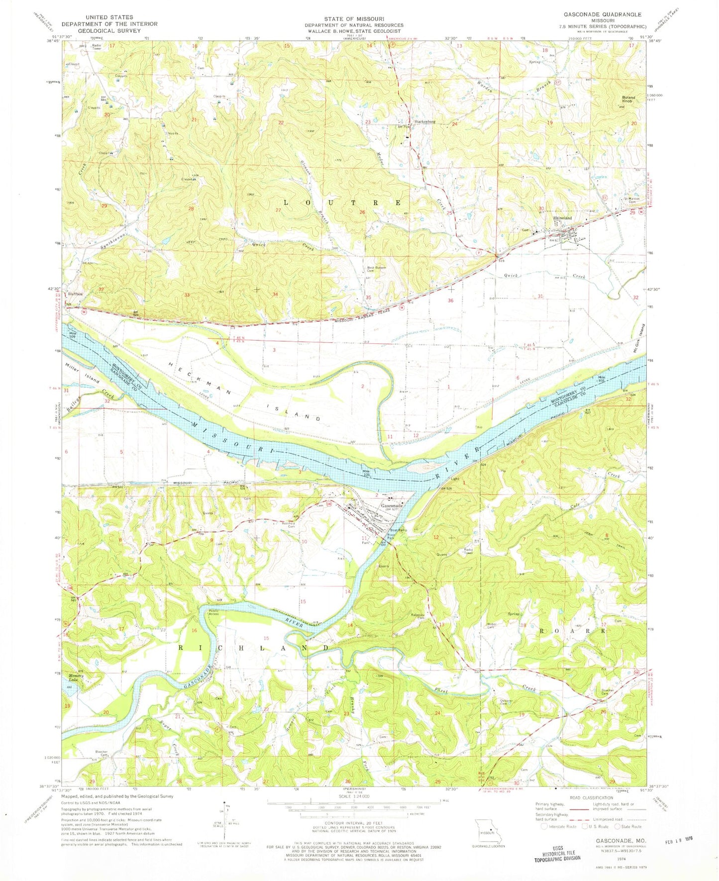 Classic USGS Gasconade Missouri 7.5'x7.5' Topo Map Image