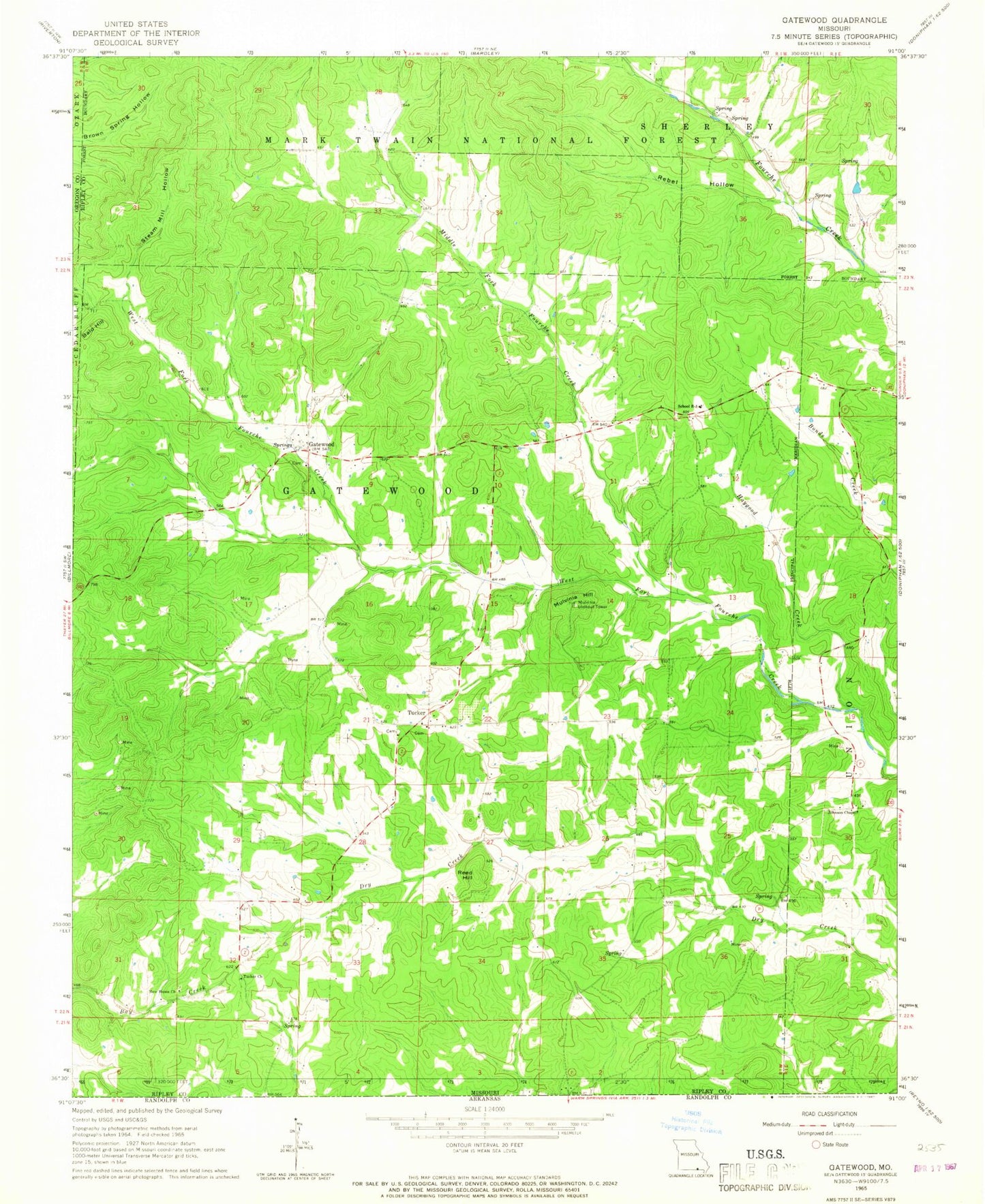 Classic USGS Gatewood Missouri 7.5'x7.5' Topo Map Image