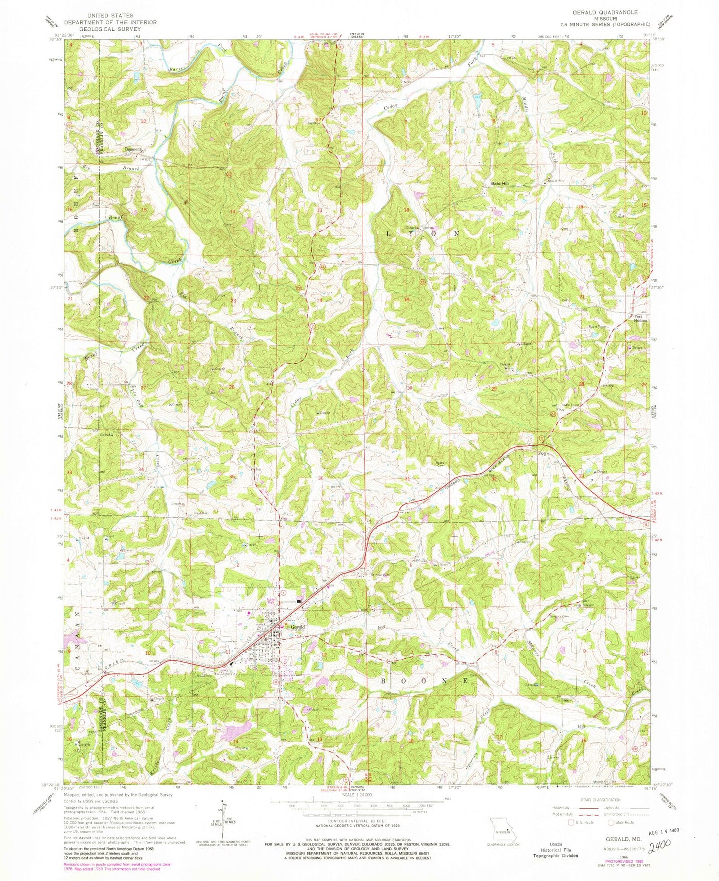 Classic USGS Gerald Missouri 7.5'x7.5' Topo Map Image