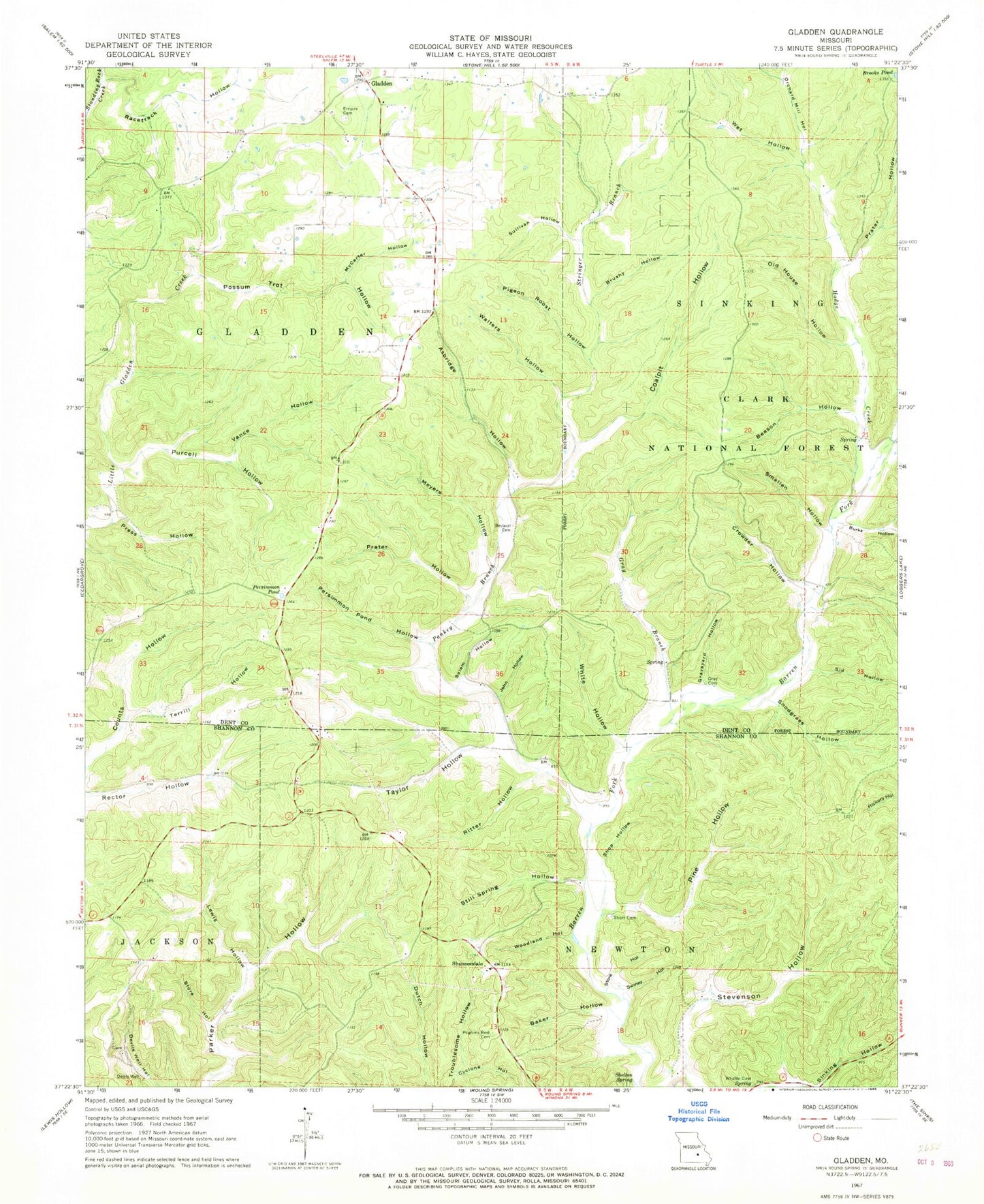 Classic USGS Gladden Missouri 7.5'x7.5' Topo Map Image