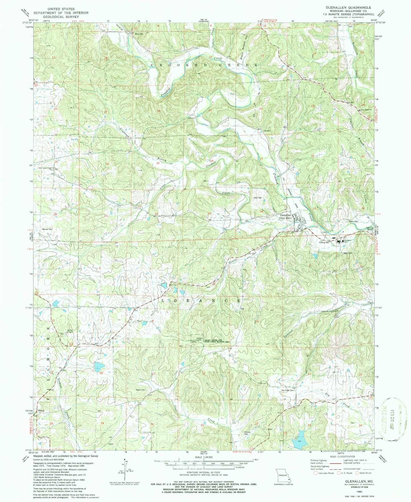 Classic USGS Glenallen Missouri 7.5'x7.5' Topo Map Image