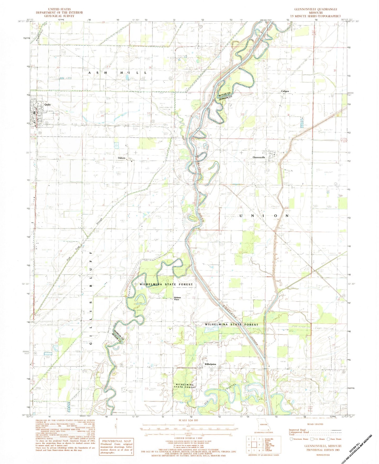 Classic USGS Glennonville Missouri 7.5'x7.5' Topo Map Image