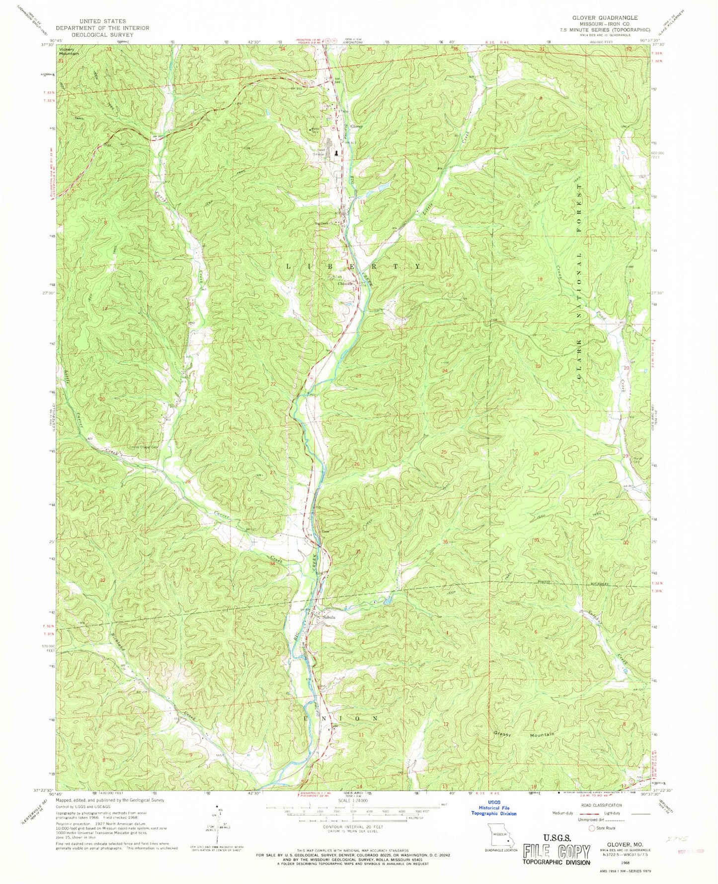 Classic USGS Glover Missouri 7.5'x7.5' Topo Map Image