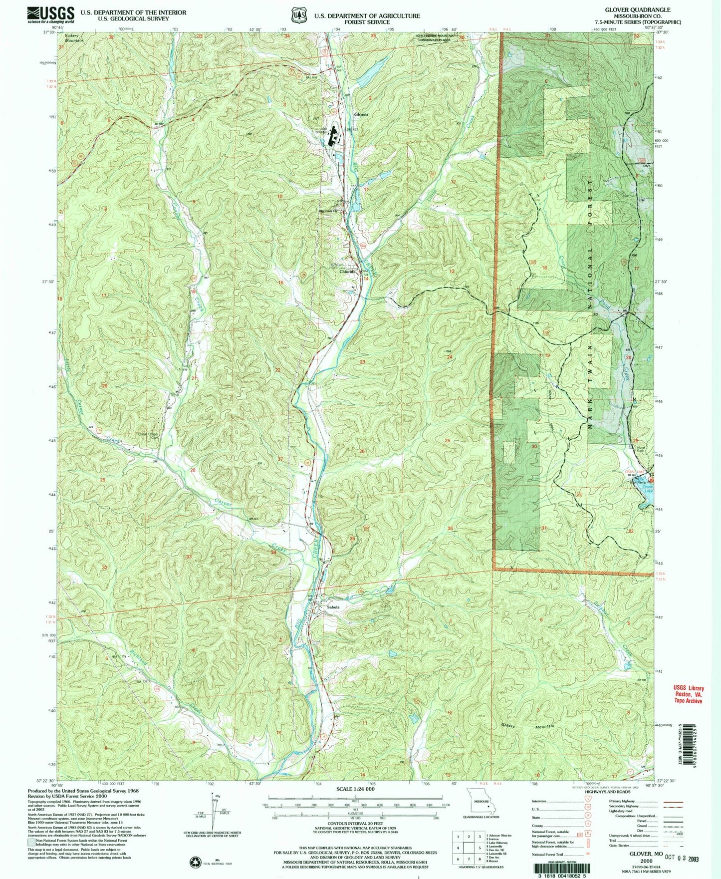 Classic USGS Glover Missouri 7.5'x7.5' Topo Map Image