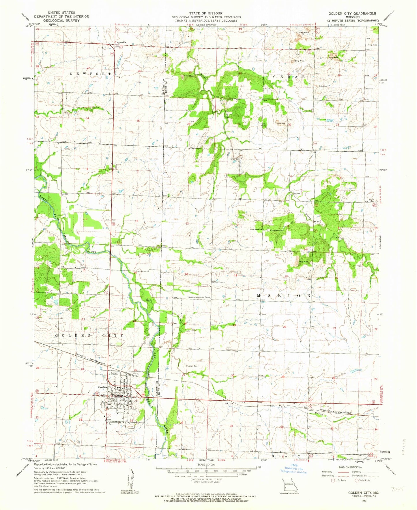 Classic USGS Golden City Missouri 7.5'x7.5' Topo Map Image