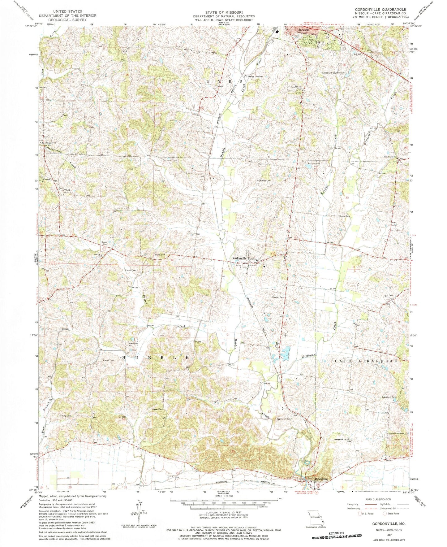Classic USGS Gordonville Missouri 7.5'x7.5' Topo Map Image