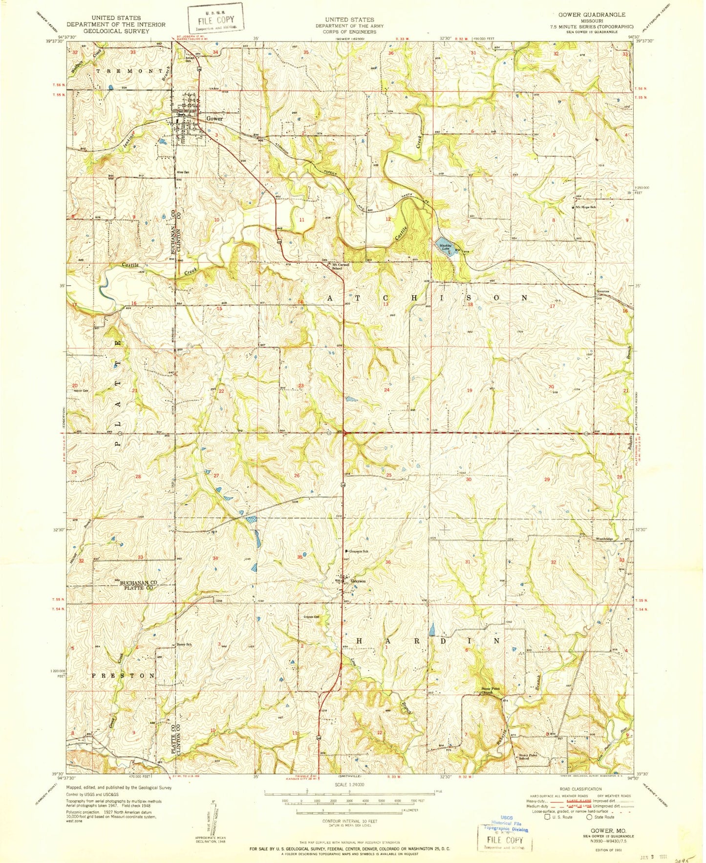 Classic USGS Gower Missouri 7.5'x7.5' Topo Map Image