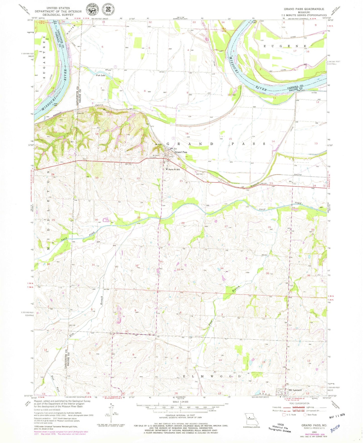 Classic USGS Grand Pass Missouri 7.5'x7.5' Topo Map Image
