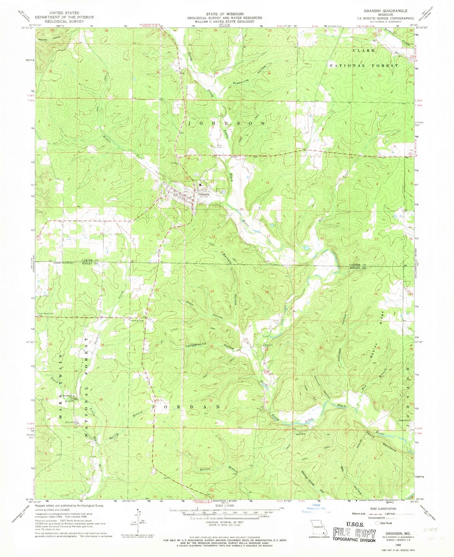 Classic USGS Grandin Missouri 7.5'x7.5' Topo Map Image
