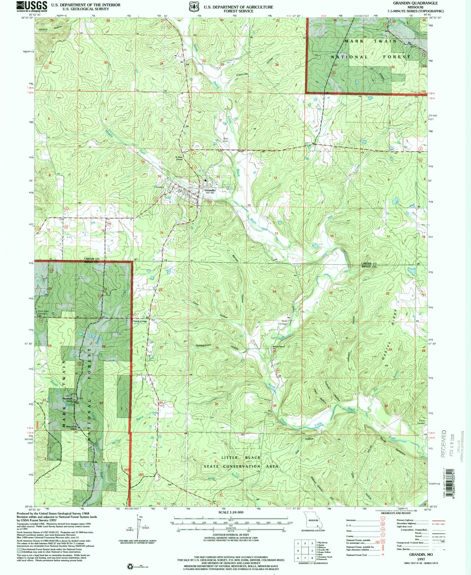 Classic USGS Grandin Missouri 7.5'x7.5' Topo Map MyTopo Map Store