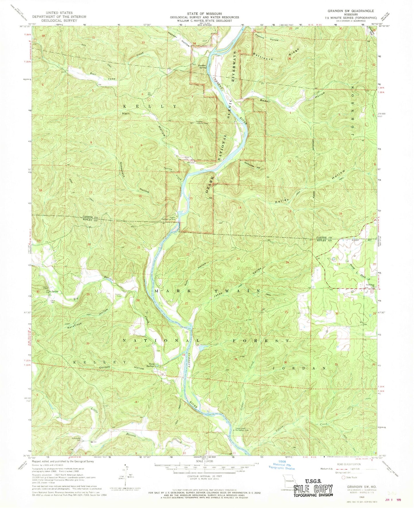 Classic USGS Grandin SW Missouri 7.5'x7.5' Topo Map Image