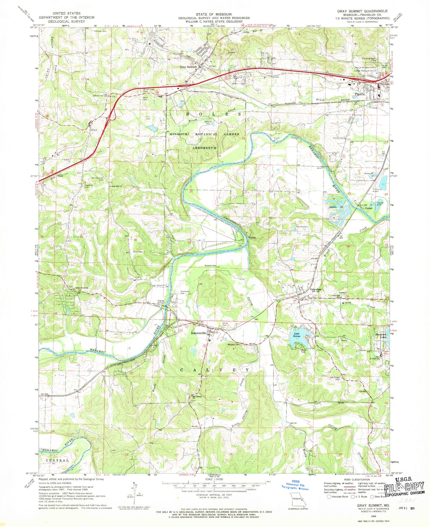 Classic USGS Gray Summit Missouri 7.5'x7.5' Topo Map Image