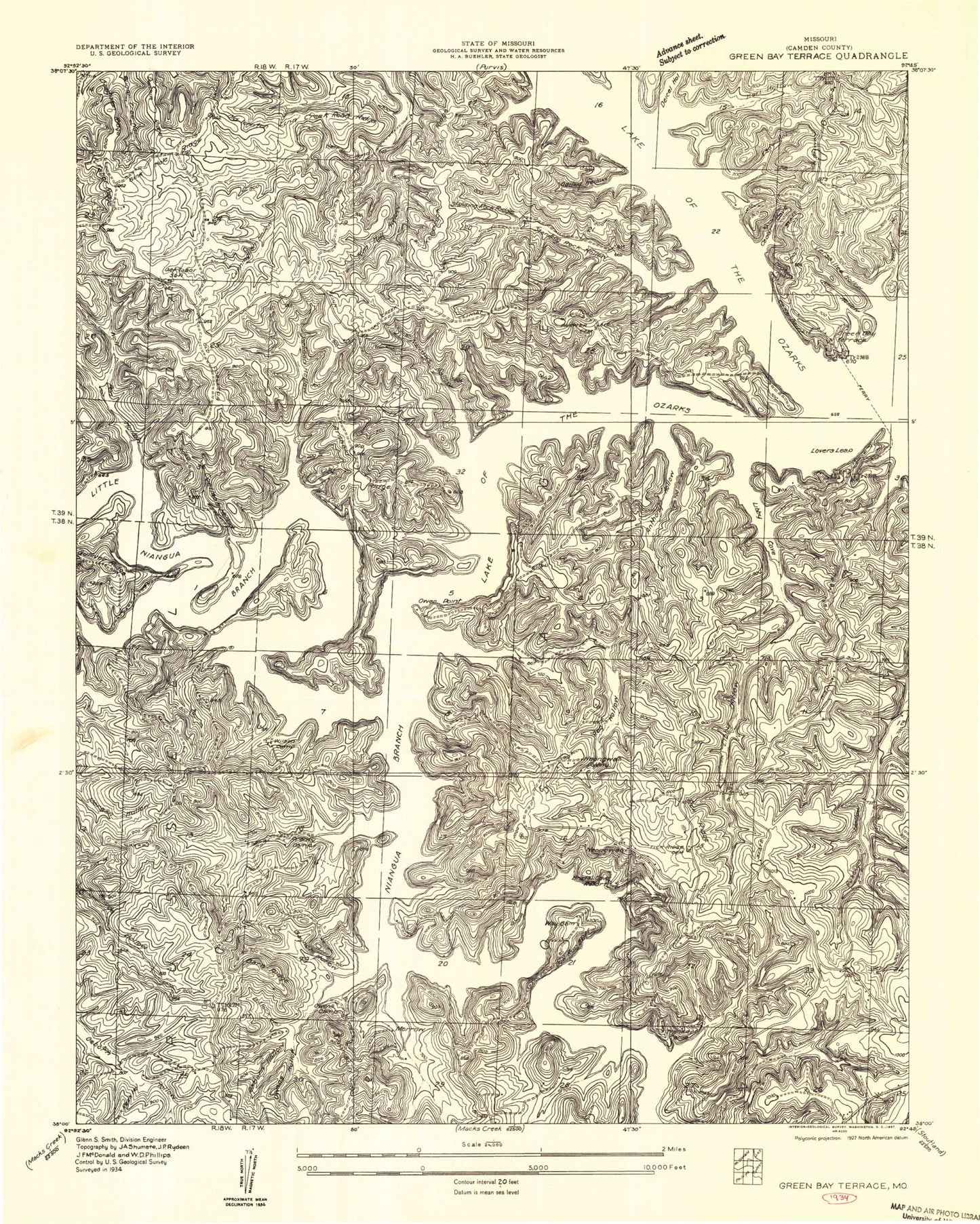 Classic USGS Green Bay Terrace Missouri 7.5'x7.5' Topo Map Image