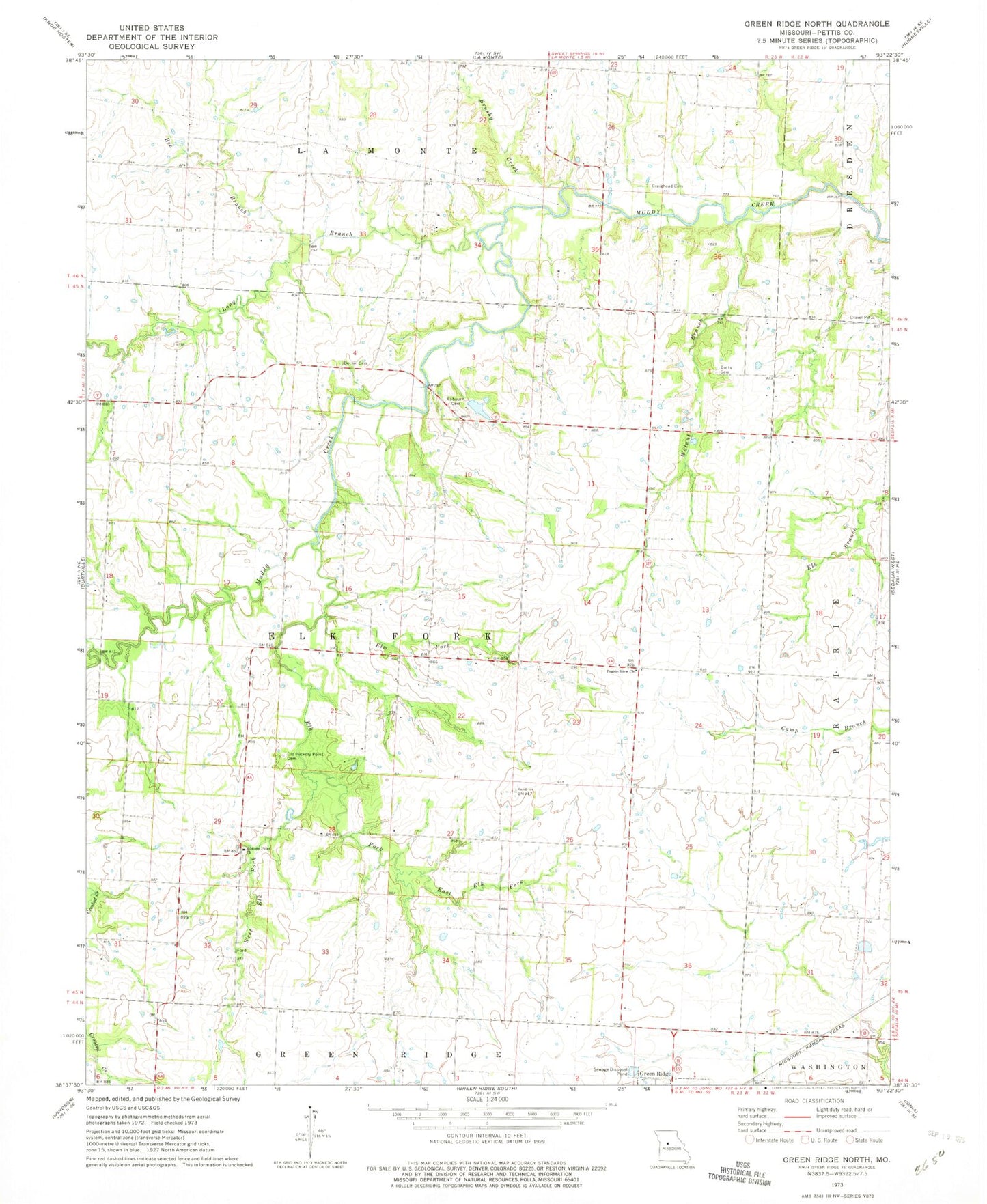 Classic USGS Green Ridge North Missouri 7.5'x7.5' Topo Map Image