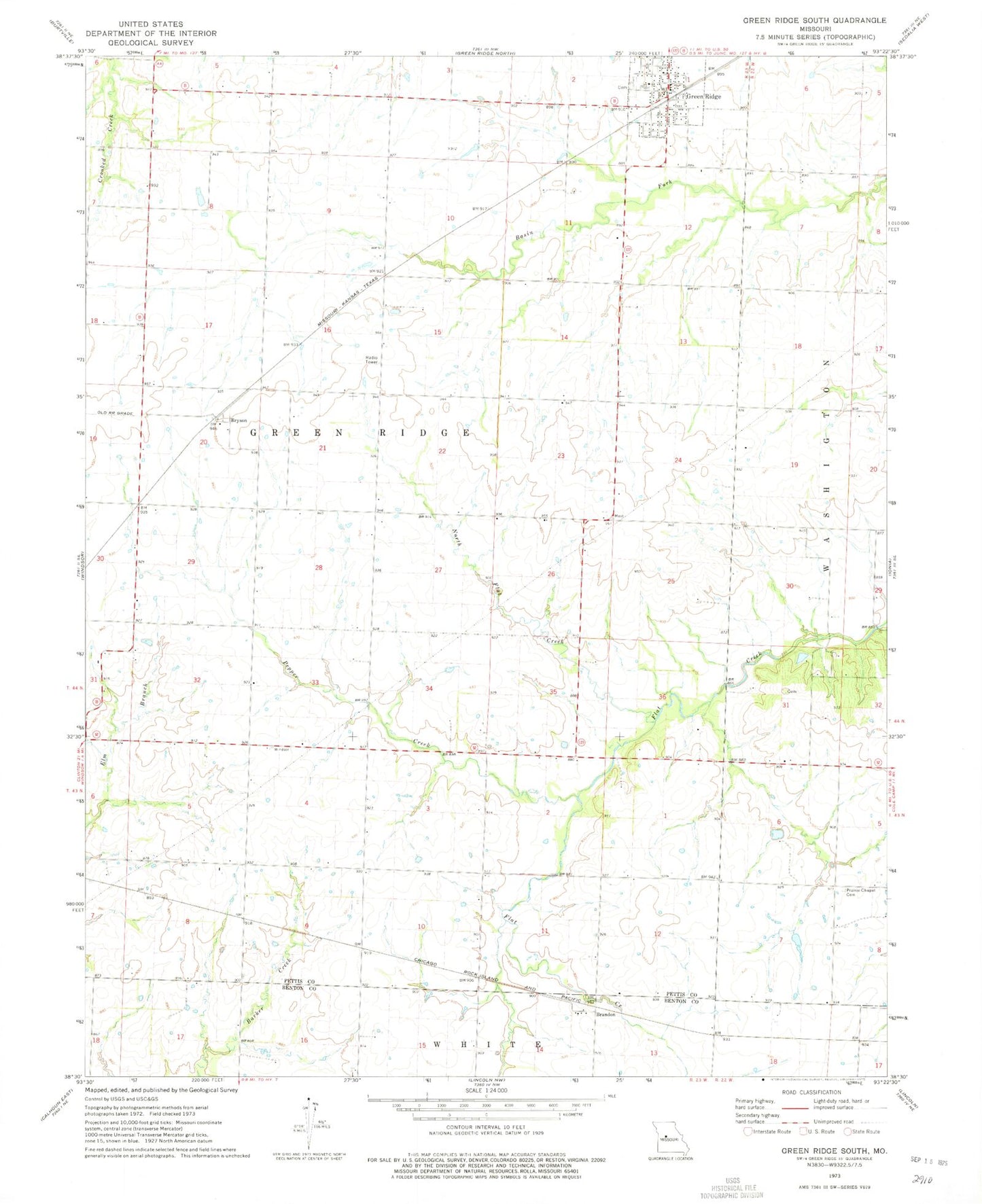 Classic USGS Green Ridge South Missouri 7.5'x7.5' Topo Map Image