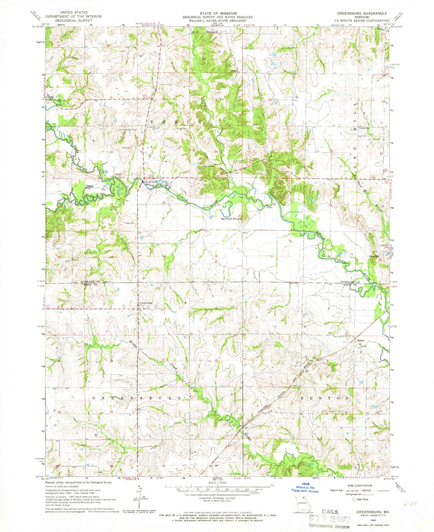 Classic USGS Greensburg Missouri 7.5'x7.5' Topo Map Image