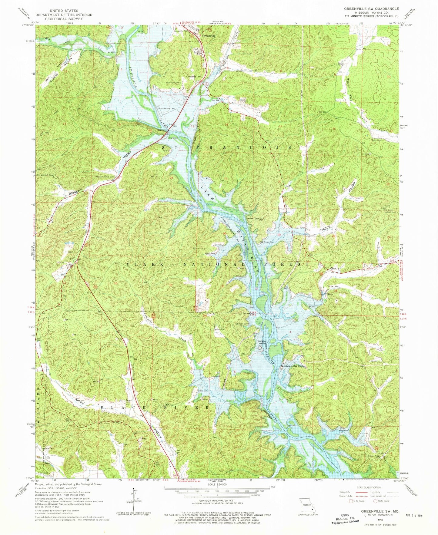 Classic USGS Greenville SW Missouri 7.5'x7.5' Topo Map Image