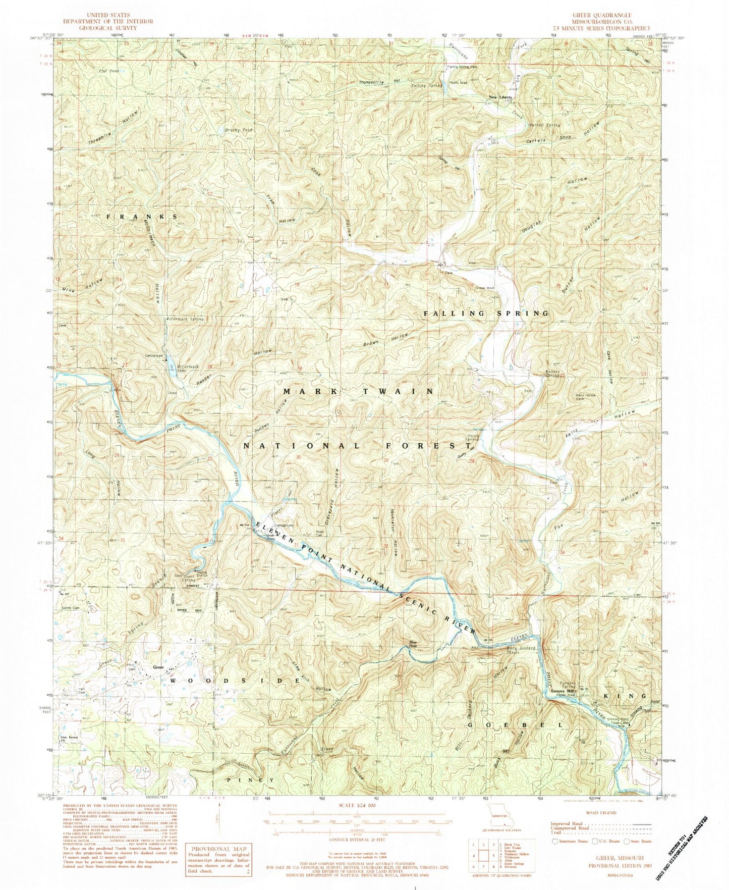 Classic USGS Greer Missouri 7.5'x7.5' Topo Map Image