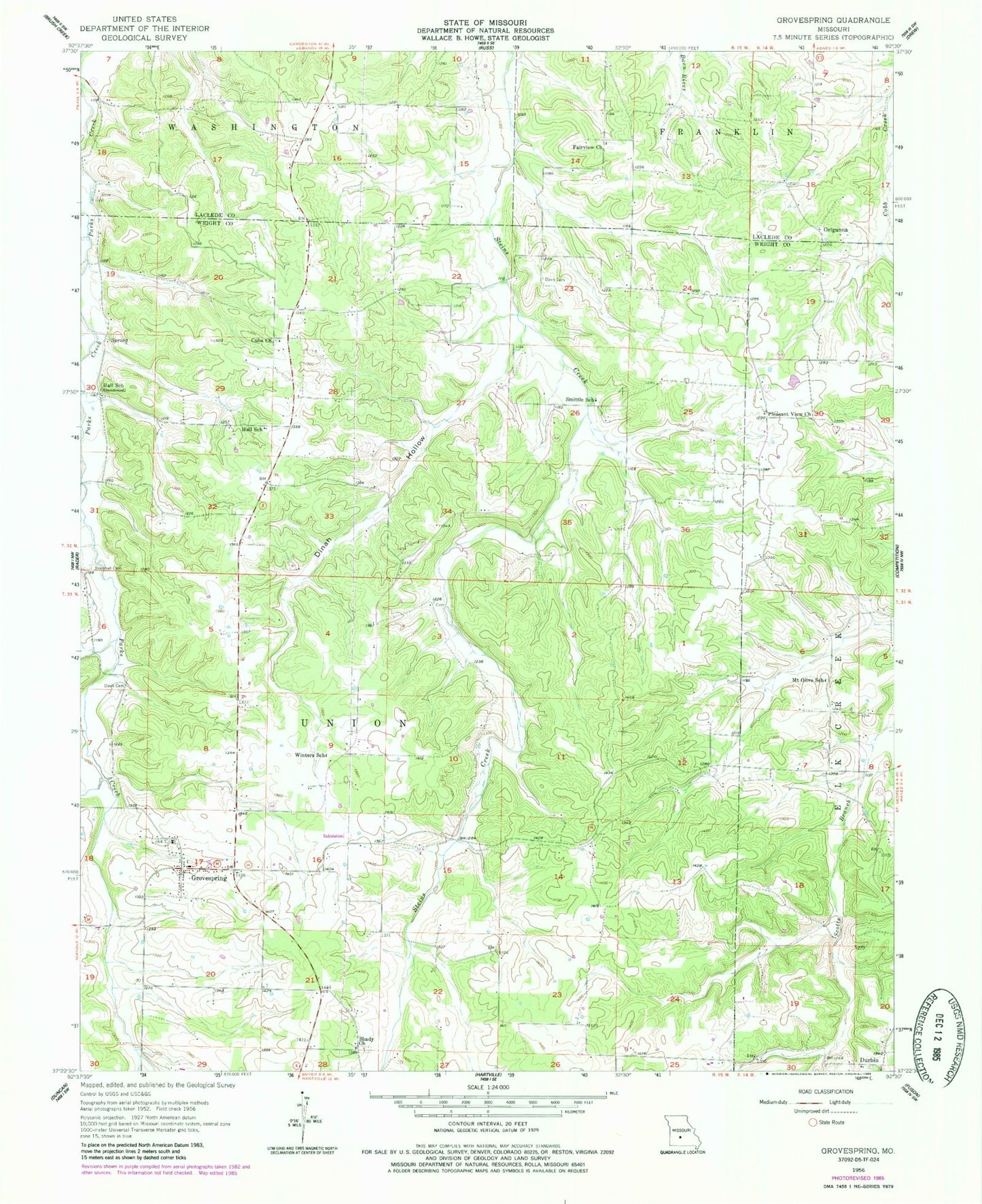 Classic USGS Grovespring Missouri 7.5'x7.5' Topo Map Image