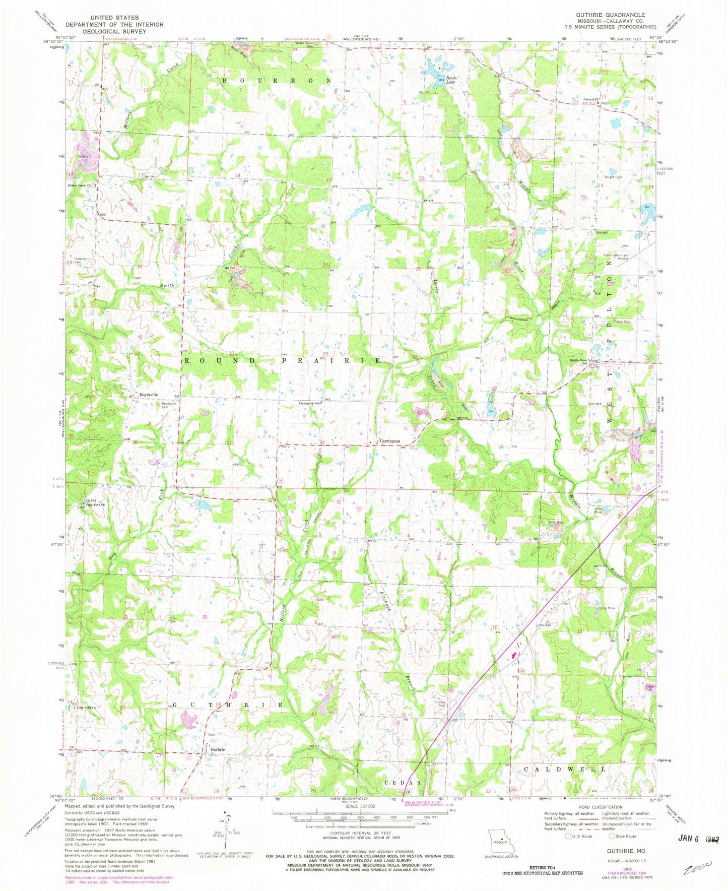 Classic USGS Guthrie Missouri 7.5'x7.5' Topo Map Image