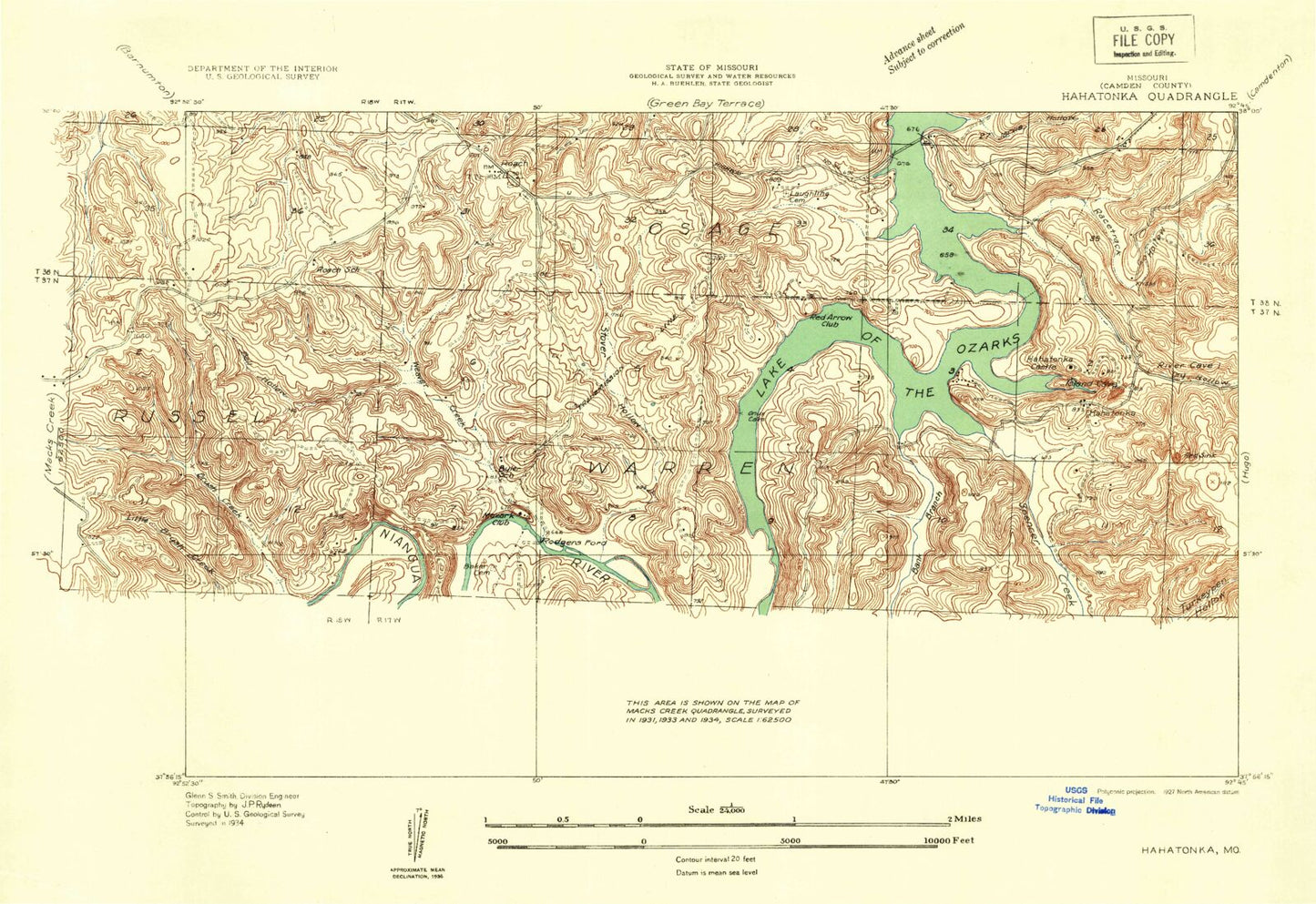 Classic USGS Hahatonka Missouri 7.5'x7.5' Topo Map Image