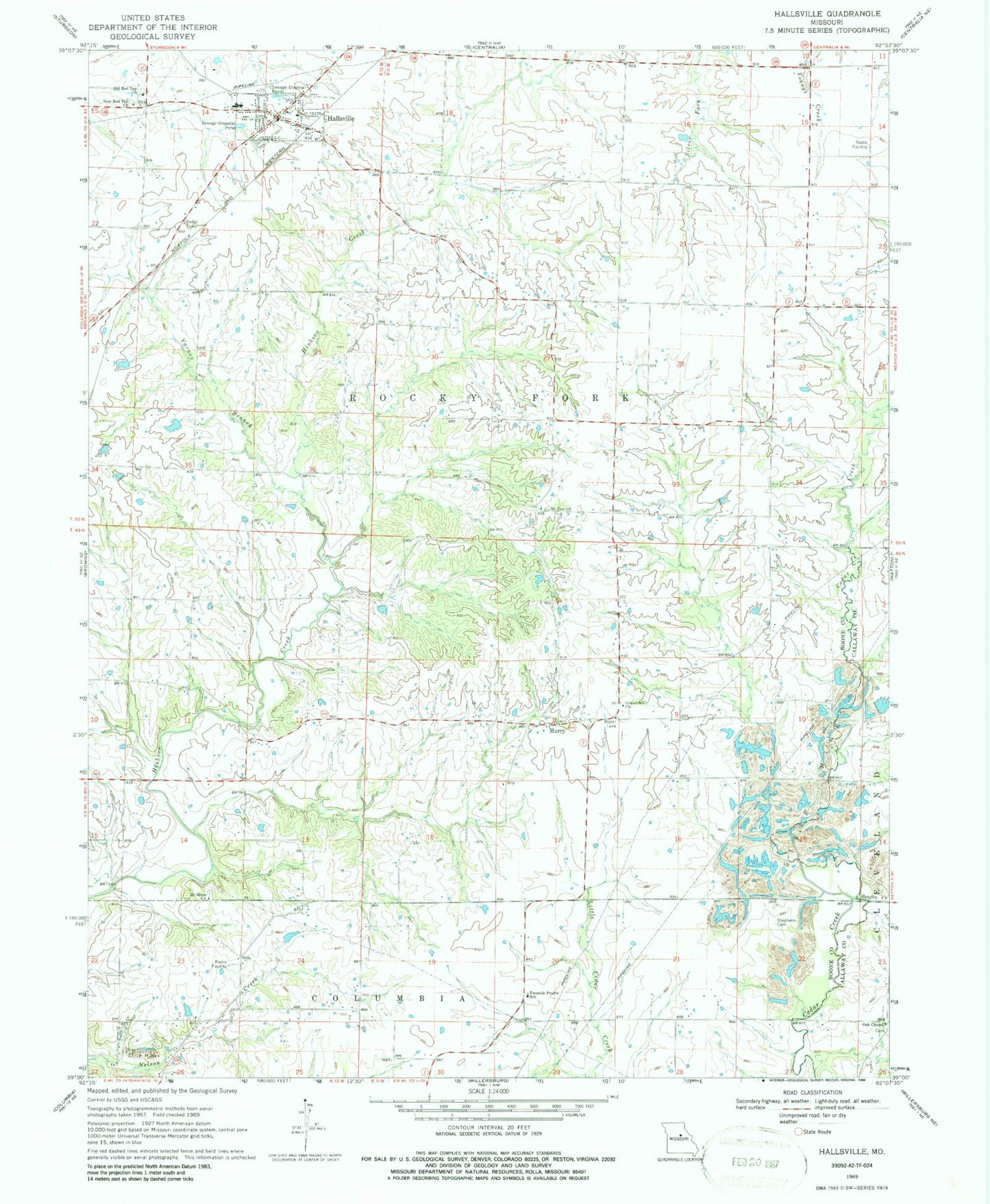 Classic USGS Hallsville Missouri 7.5'x7.5' Topo Map Image