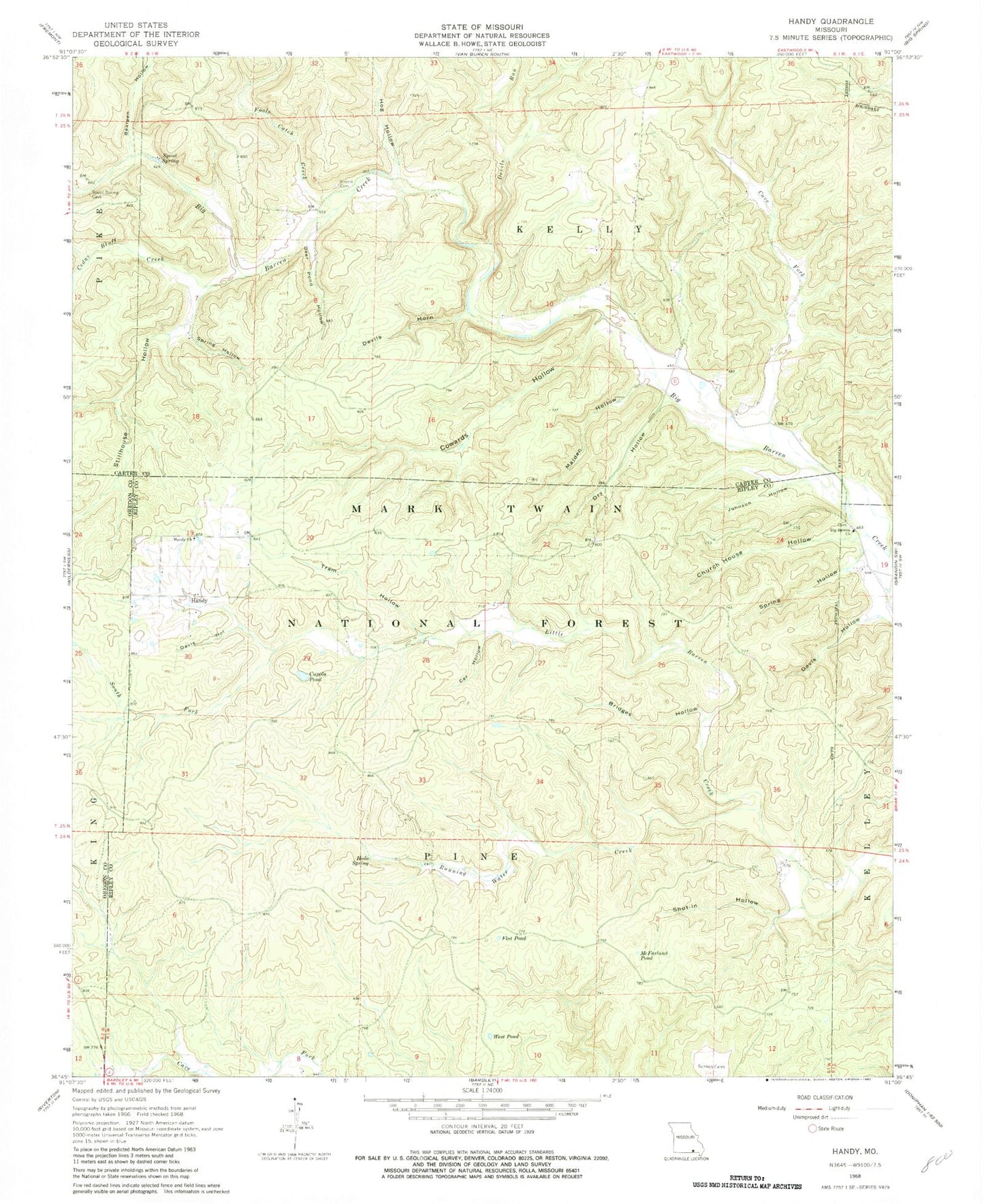 Classic USGS Handy Missouri 7.5'x7.5' Topo Map Image
