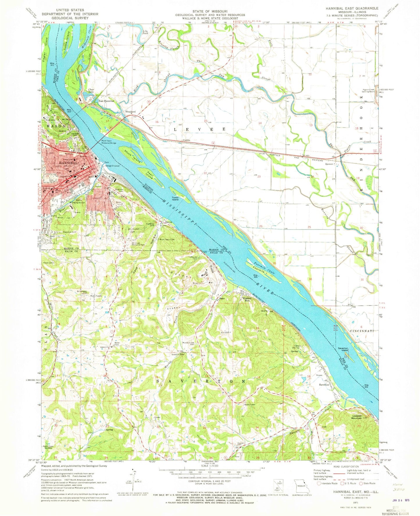 Classic USGS Hannibal East Missouri 7.5'x7.5' Topo Map Image