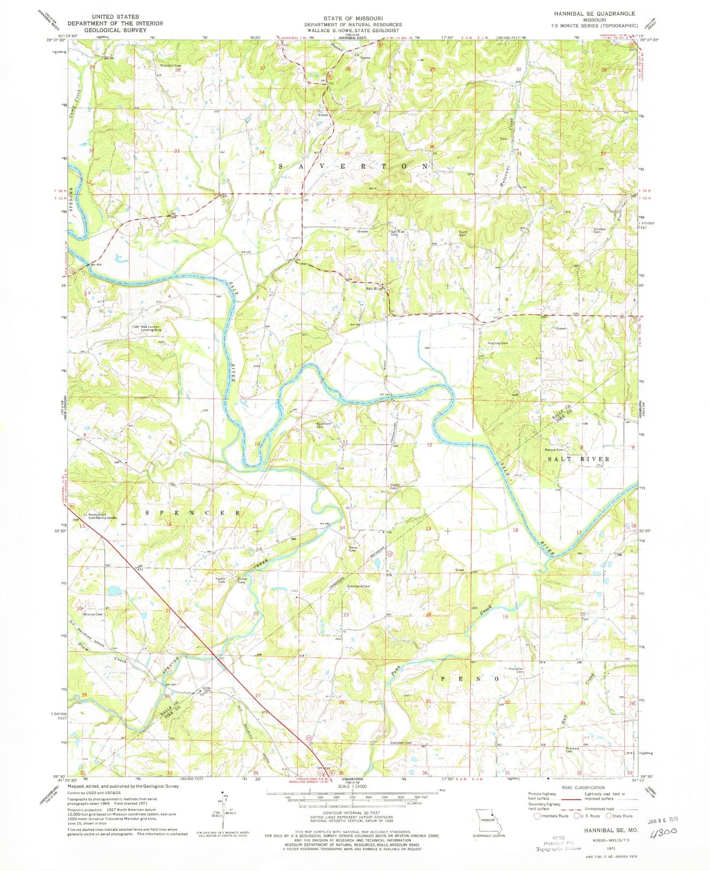 Classic USGS Hannibal SE Missouri 7.5'x7.5' Topo Map Image