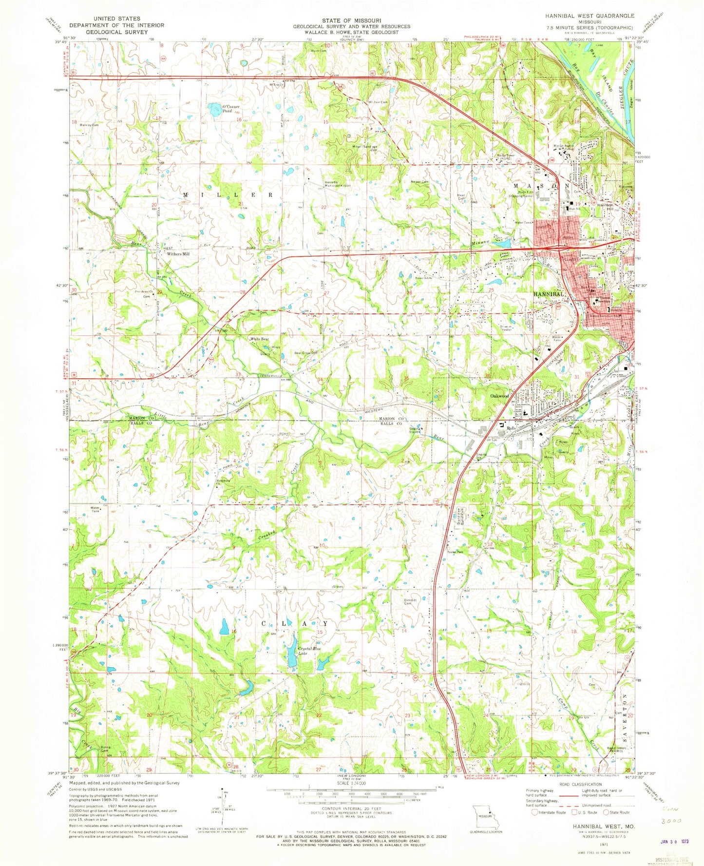 Classic USGS Hannibal West Missouri 7.5'x7.5' Topo Map Image