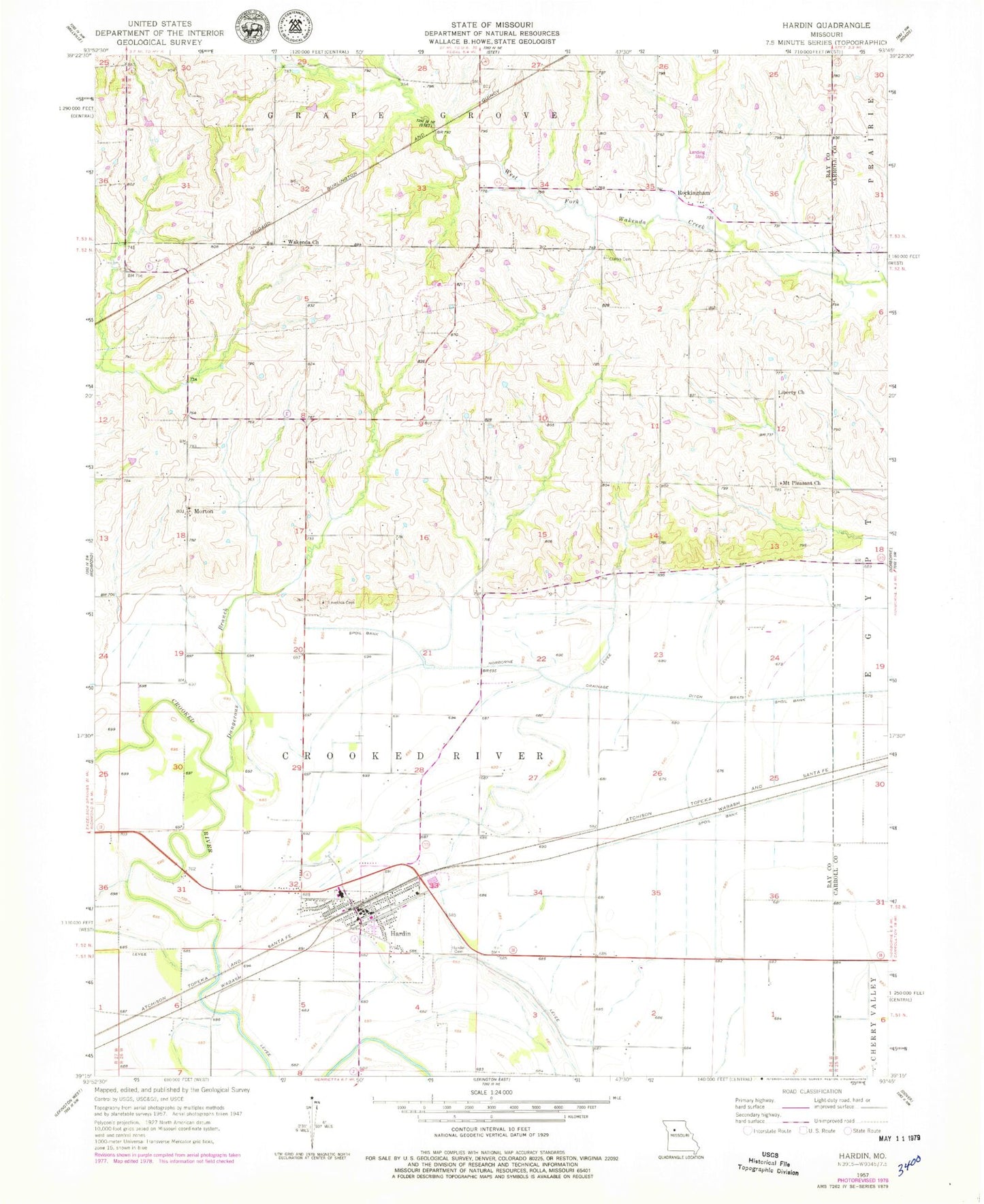 Classic USGS Hardin Missouri 7.5'x7.5' Topo Map Image