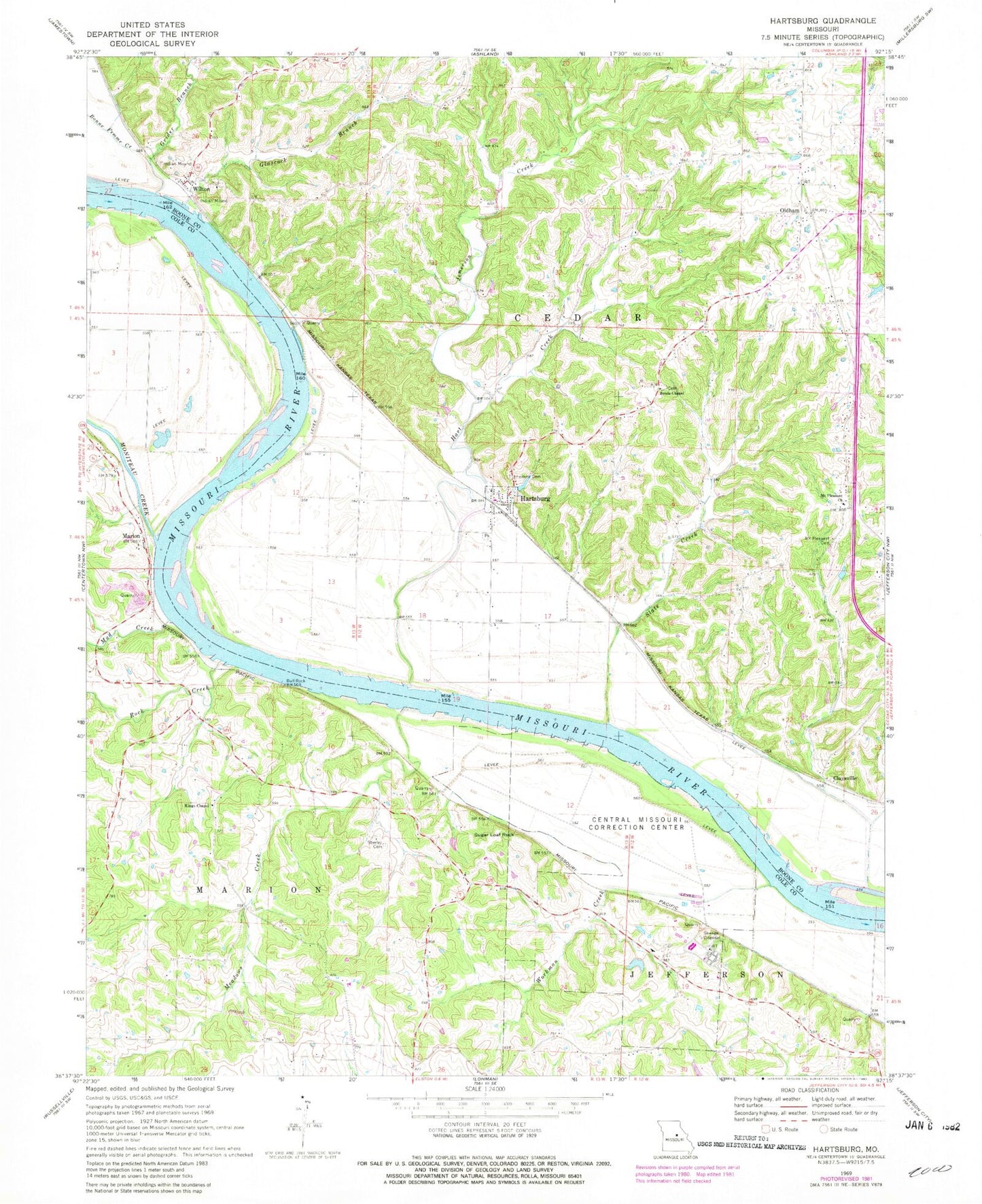 Classic USGS Hartsburg Missouri 7.5'x7.5' Topo Map Image