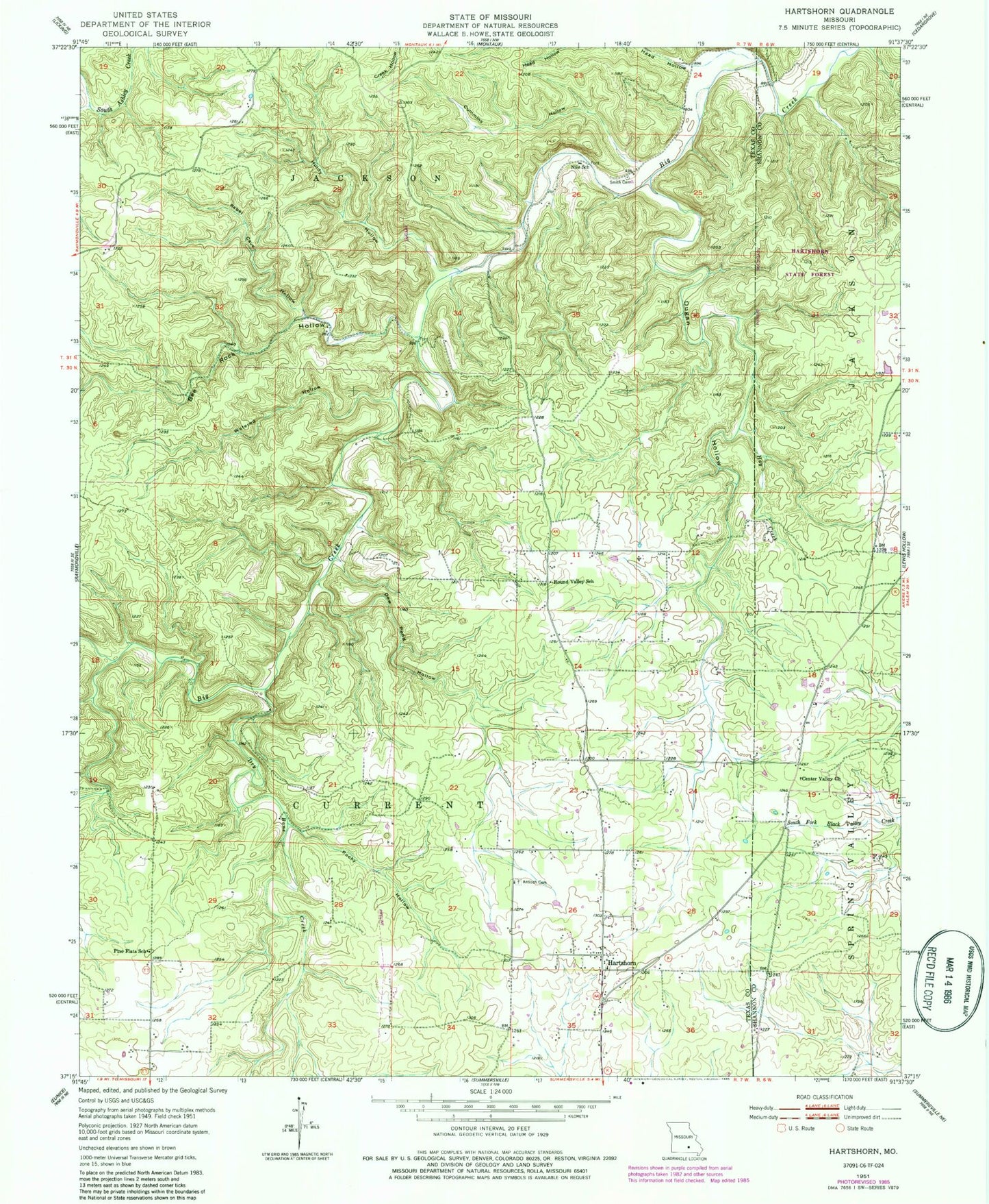 Classic USGS Hartshorn Missouri 7.5'x7.5' Topo Map Image
