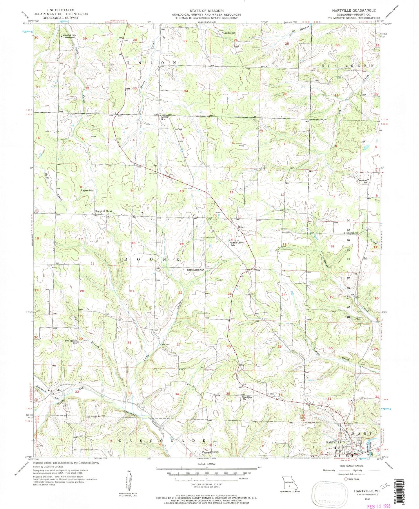 Classic USGS Hartville Missouri 7.5'x7.5' Topo Map Image