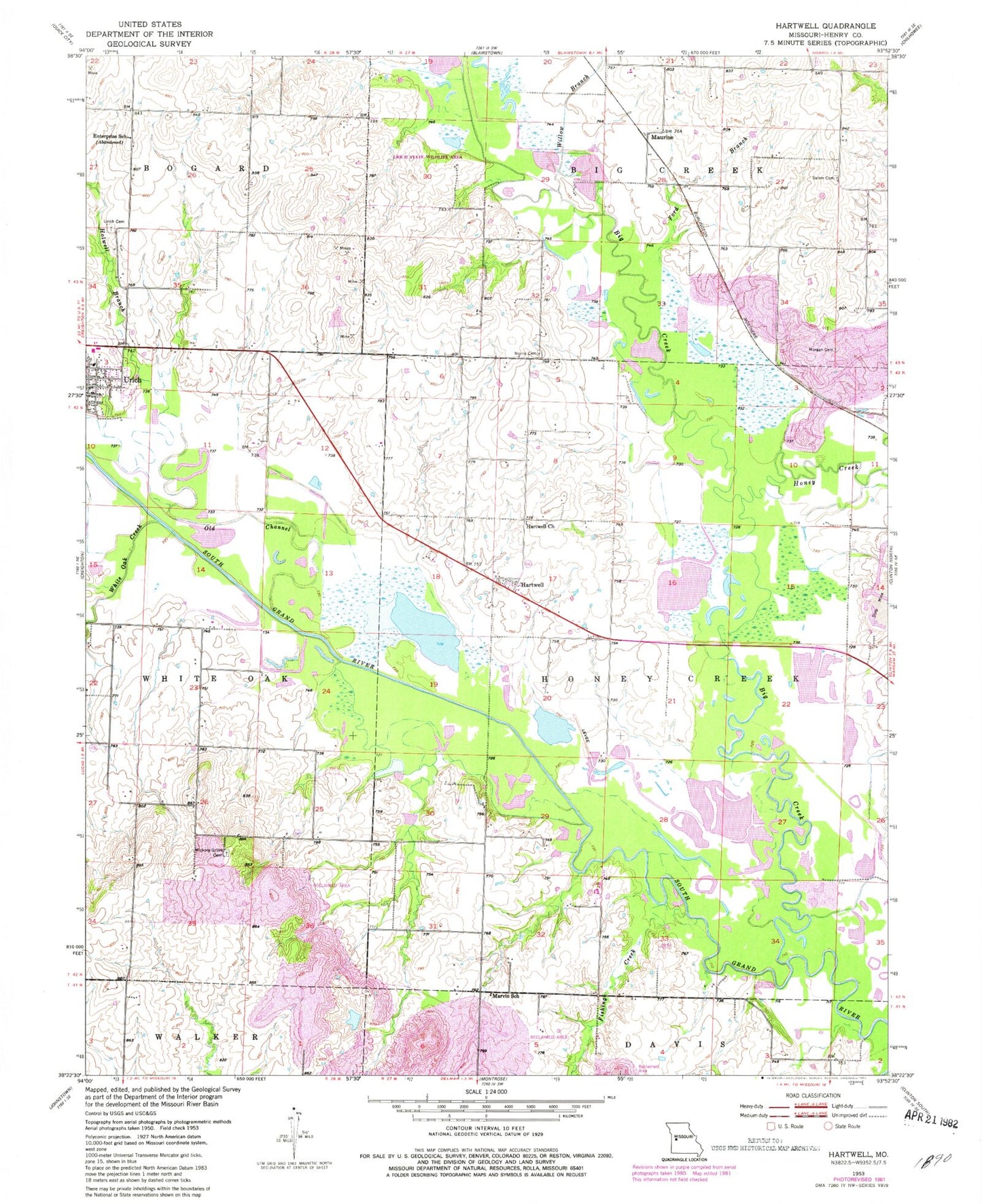 Classic USGS Hartwell Missouri 7.5'x7.5' Topo Map Image